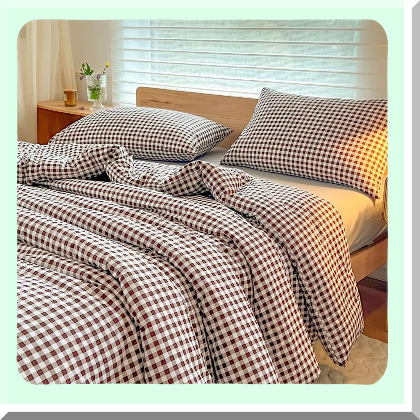 Mocha Grid Comforter Set - 3 Piece Bedding Ensemble with Dark Brown Gingham Pattern - Queen Size Comforter with 2 Pillowcases - Cozy Bedroom Decor