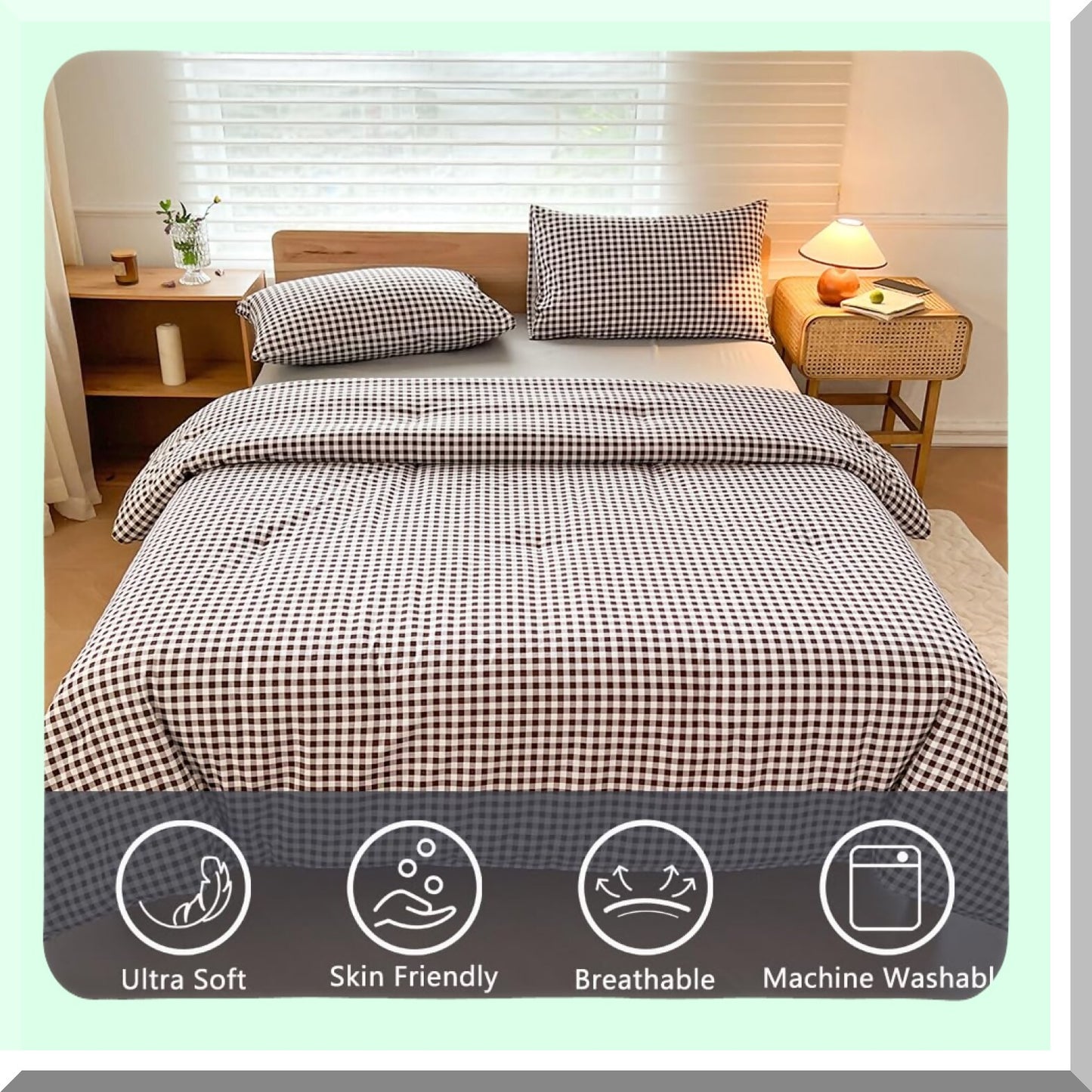 Mocha Grid Comforter Set - 3 Piece Bedding Ensemble with Dark Brown Gingham Pattern - Queen Size Comforter with 2 Pillowcases - Cozy Bedroom Decor