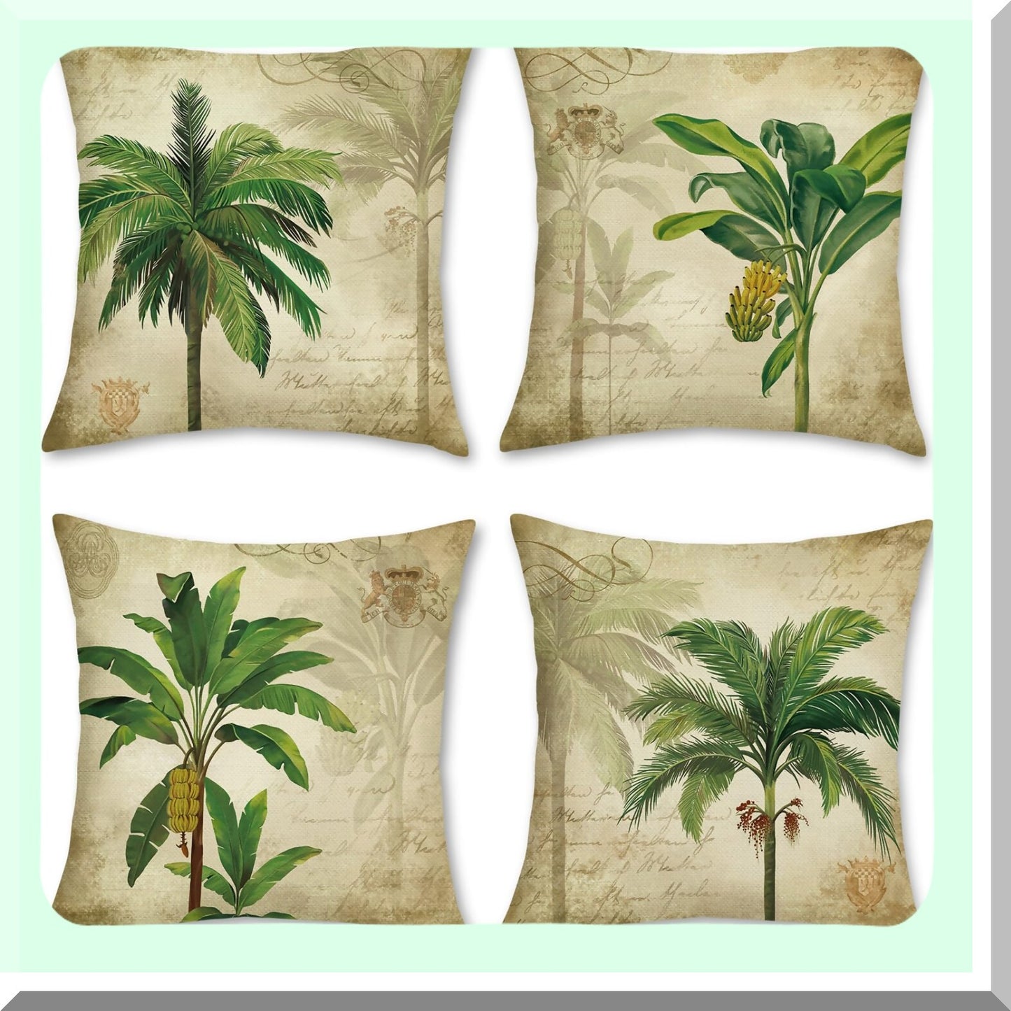 Vintage Palm Tree Tropical Decorative Pillow Covers - Set of 4 Outdoor Cushion Cases for Couch Sofa Bed - Green Polyester Linen Home Decor - 18 x 18 Inch