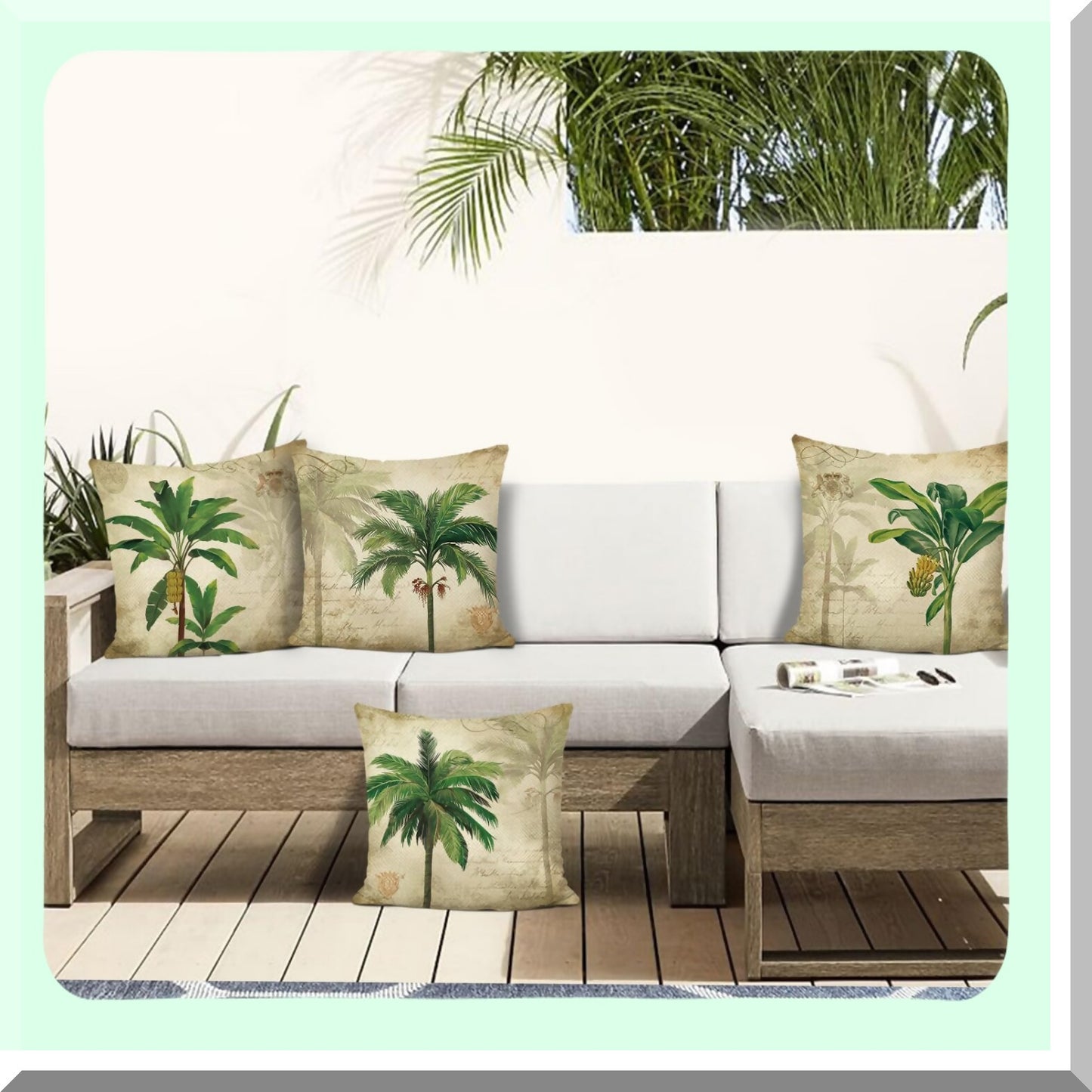 Vintage Palm Tree Tropical Decorative Pillow Covers - Set of 4 Outdoor Cushion Cases for Couch Sofa Bed - Green Polyester Linen Home Decor - 18 x 18 Inch