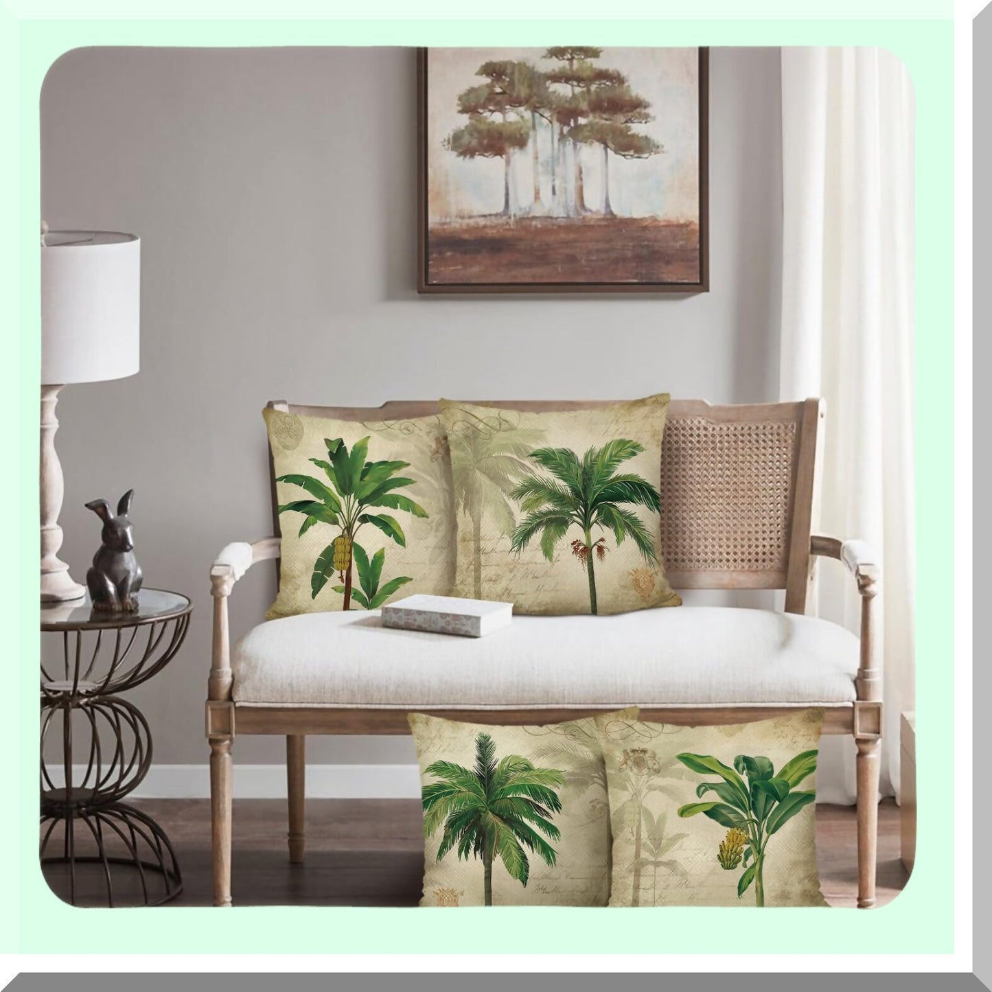 Vintage Palm Tree Tropical Decorative Pillow Covers - Set of 4 Outdoor Cushion Cases for Couch Sofa Bed - Green Polyester Linen Home Decor - 18 x 18 Inch