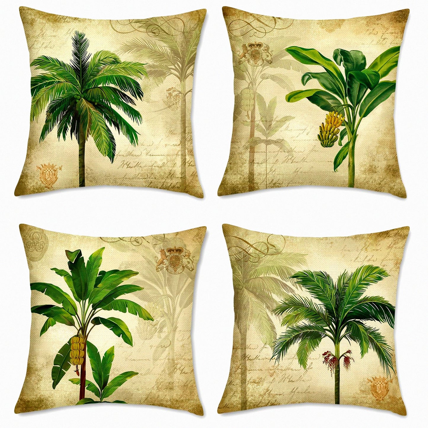Vintage Palm Tree Tropical Decorative Pillow Covers - Set of 4 Outdoor Cushion Cases for Couch Sofa Bed - Green Polyester Linen Home Decor - 18 x 18 Inch