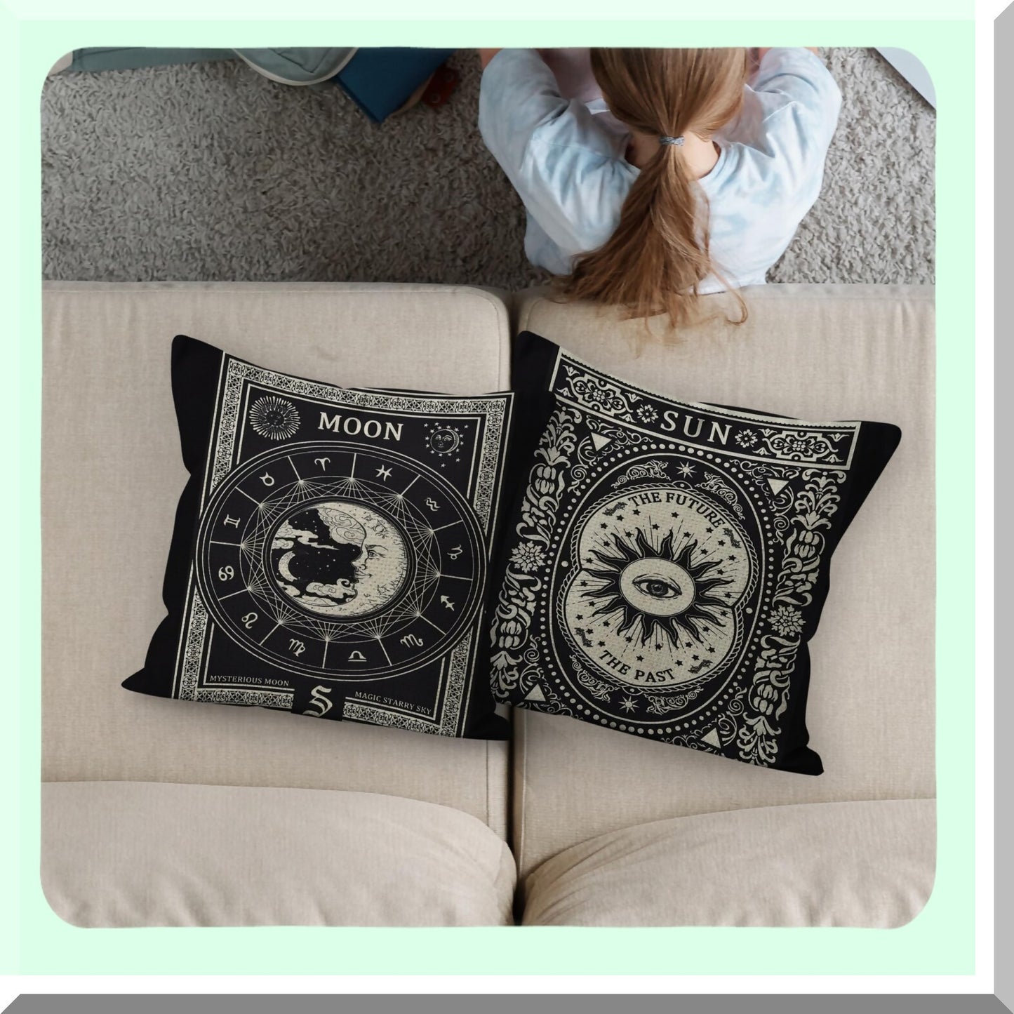Astrology Moon Star Linen Throw Pillow Set - Tarot Lovers Gifts - Mom, Wife - Art Cushion Cover for Sofa, Couch, Bed - Girl Room, College Dorm - Daughter, Sister - 18x18 Inch - Set of 2