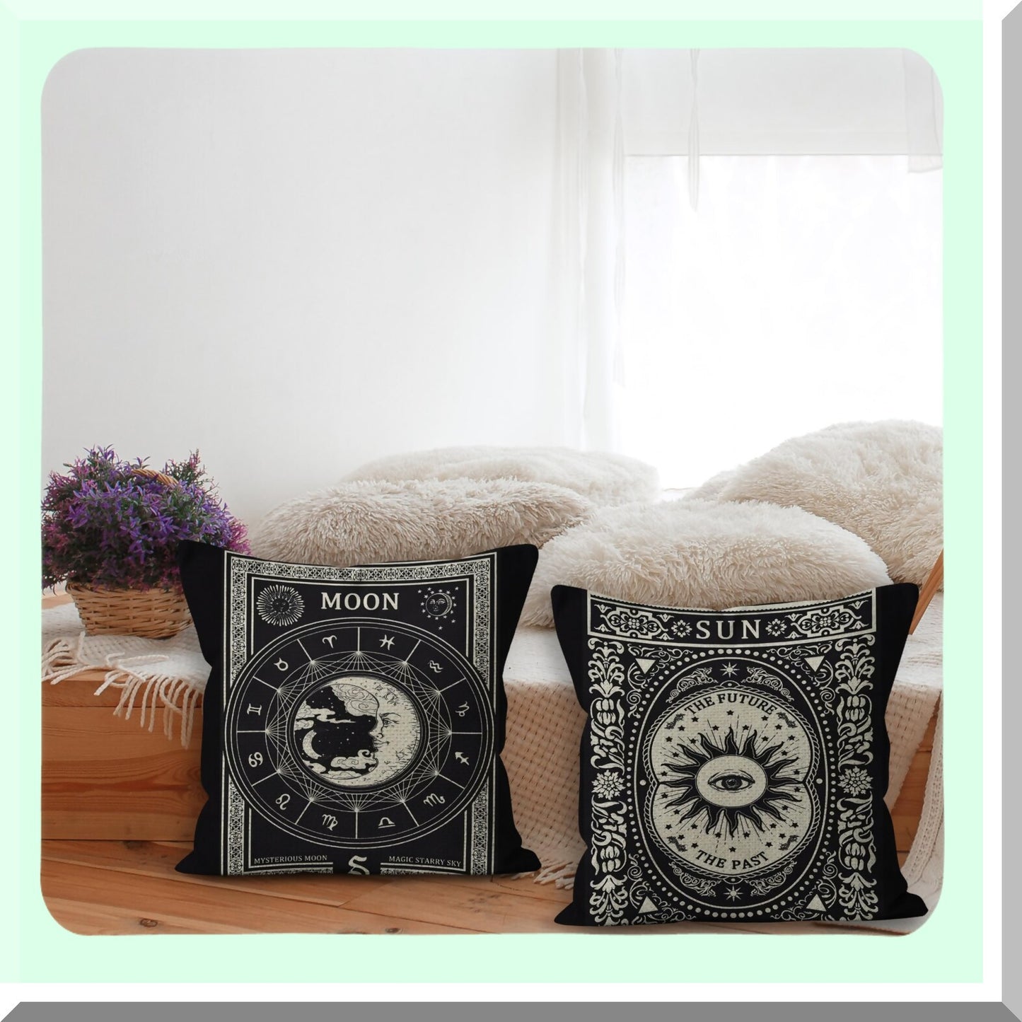 Astrology Moon Star Linen Throw Pillow Set - Tarot Lovers Gifts - Mom, Wife - Art Cushion Cover for Sofa, Couch, Bed - Girl Room, College Dorm - Daughter, Sister - 18x18 Inch - Set of 2