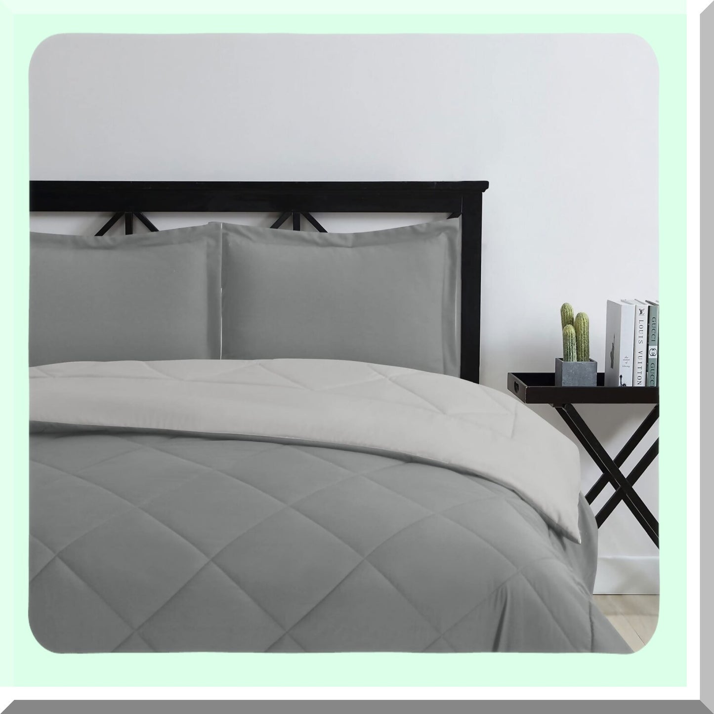 Luxury Reversible Comforter Set - Full/Queen Size, Charcoal/Silver, 3-Piece Bedding Set with Ultra Plush Goose Down Alternative. Premium Microfiber Material for Ultimate Comfort and Style.