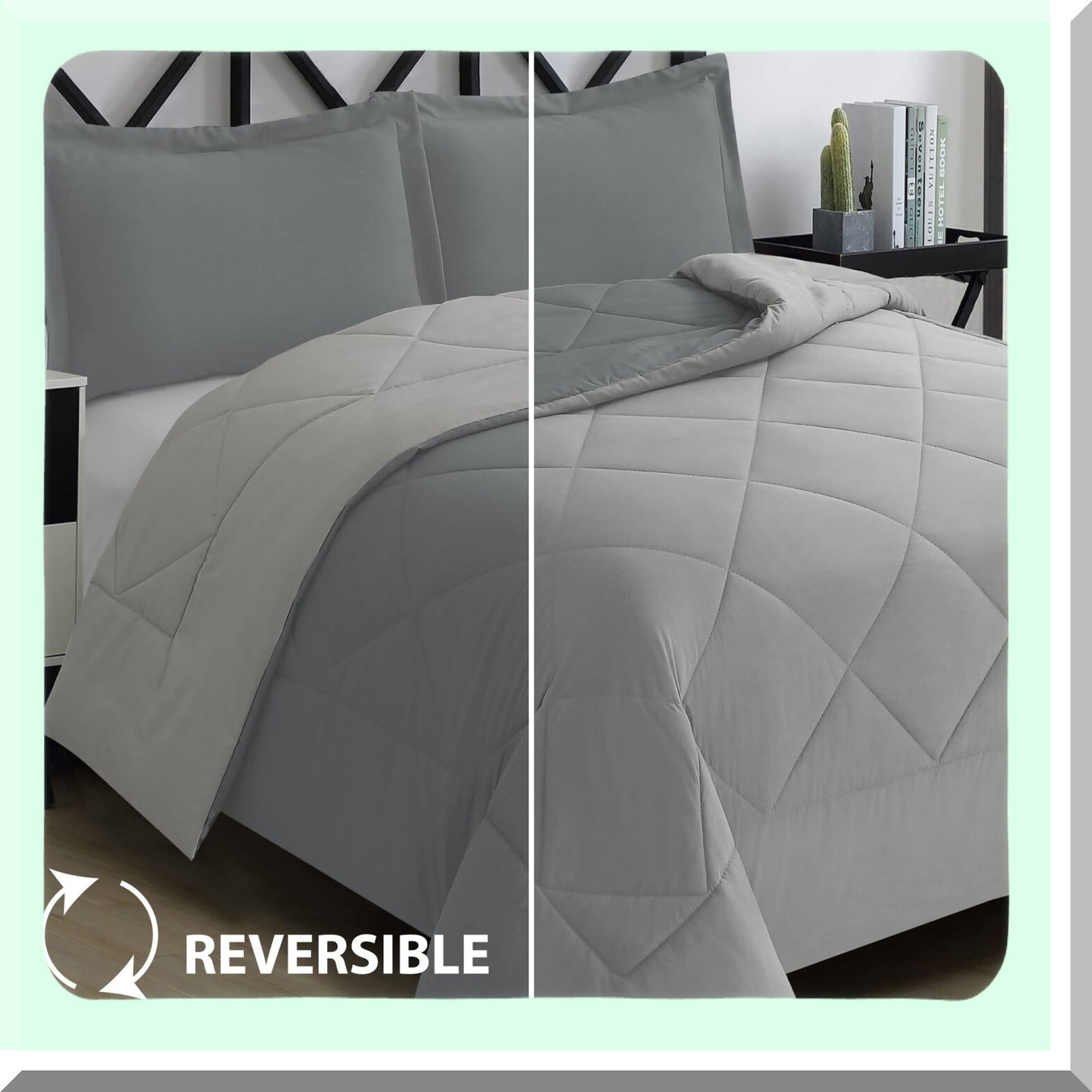 Luxury Reversible Comforter Set - Full/Queen Size, Charcoal/Silver, 3-Piece Bedding Set with Ultra Plush Goose Down Alternative. Premium Microfiber Material for Ultimate Comfort and Style.