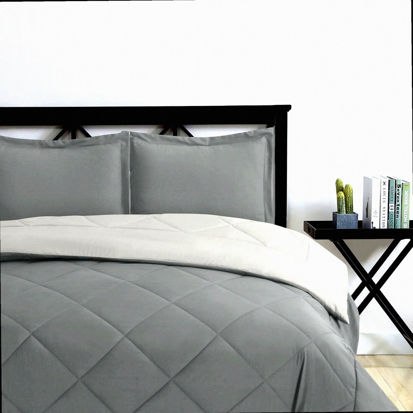 Luxury Reversible Comforter Set - Full/Queen Size, Charcoal/Silver, 3-Piece Bedding Set with Ultra Plush Goose Down Alternative. Premium Microfiber Material for Ultimate Comfort and Style.
