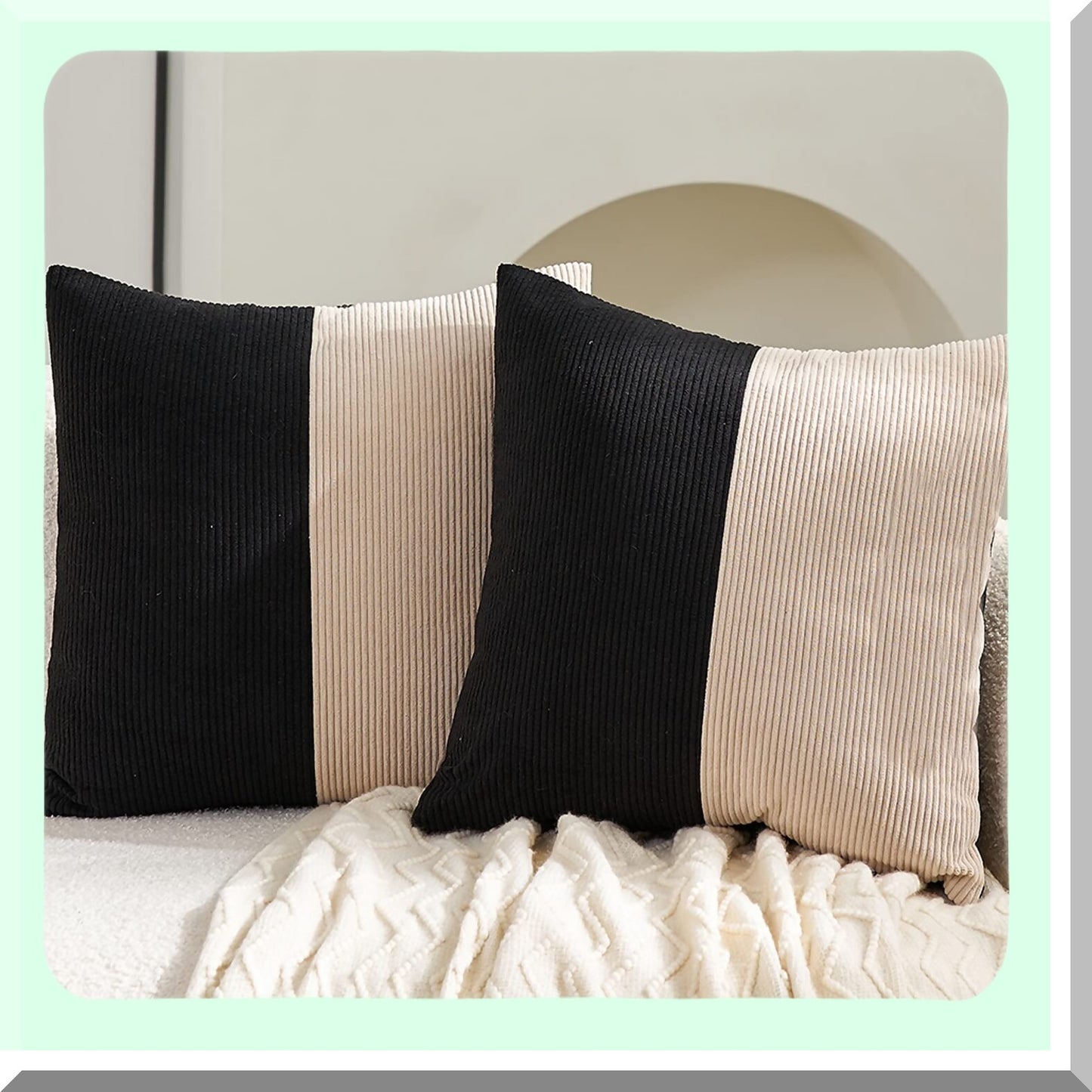 Luxury Corduroy Cushion Covers - Set of 2 Black Beige Patchwork Square Throw Pillow Cases for Couch, Living Room, Bedroom, Car - 18 x 18 Inch Decorative Pillows