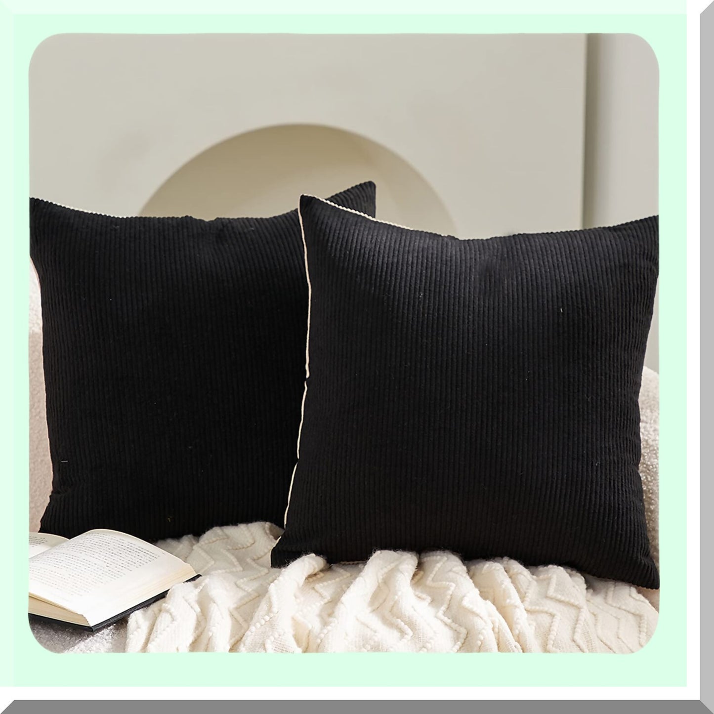 Luxury Corduroy Cushion Covers - Set of 2 Black Beige Patchwork Square Throw Pillow Cases for Couch, Living Room, Bedroom, Car - 18 x 18 Inch Decorative Pillows