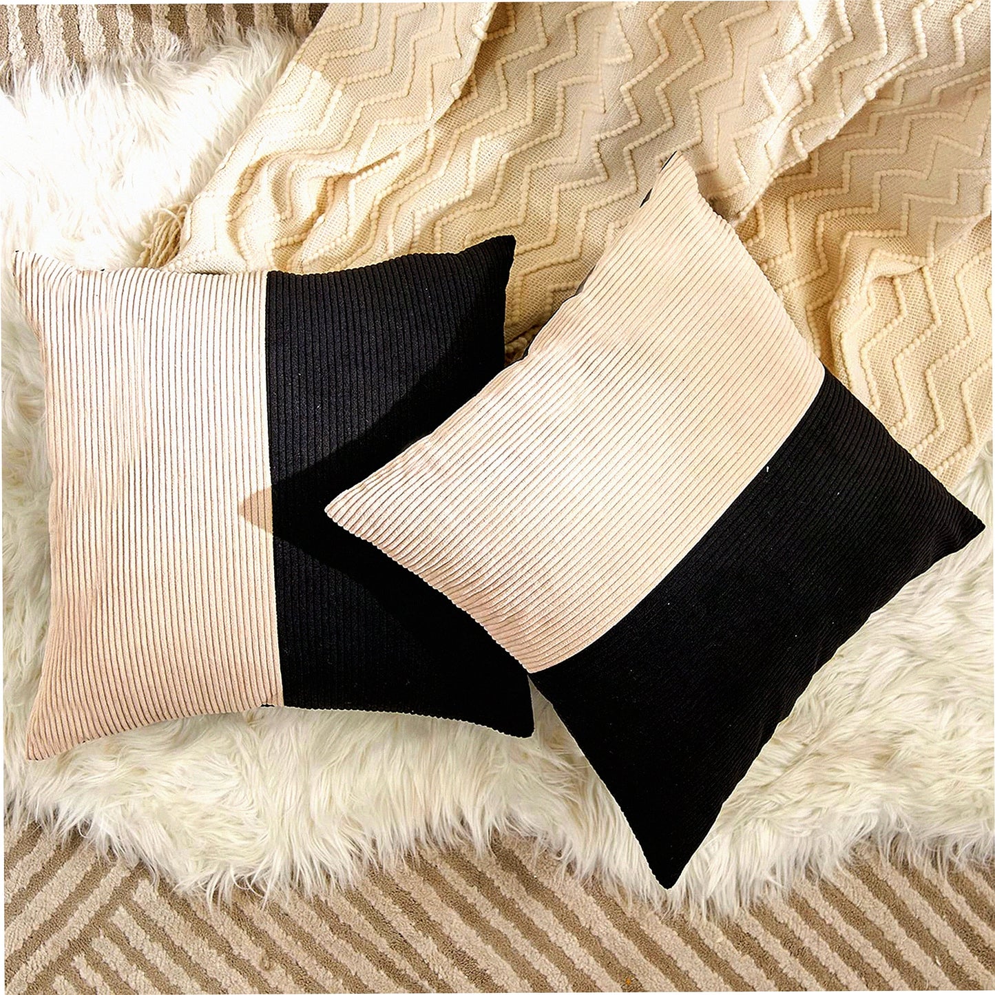 Luxury Corduroy Cushion Covers - Set of 2 Black Beige Patchwork Square Throw Pillow Cases for Couch, Living Room, Bedroom, Car - 18 x 18 Inch Decorative Pillows