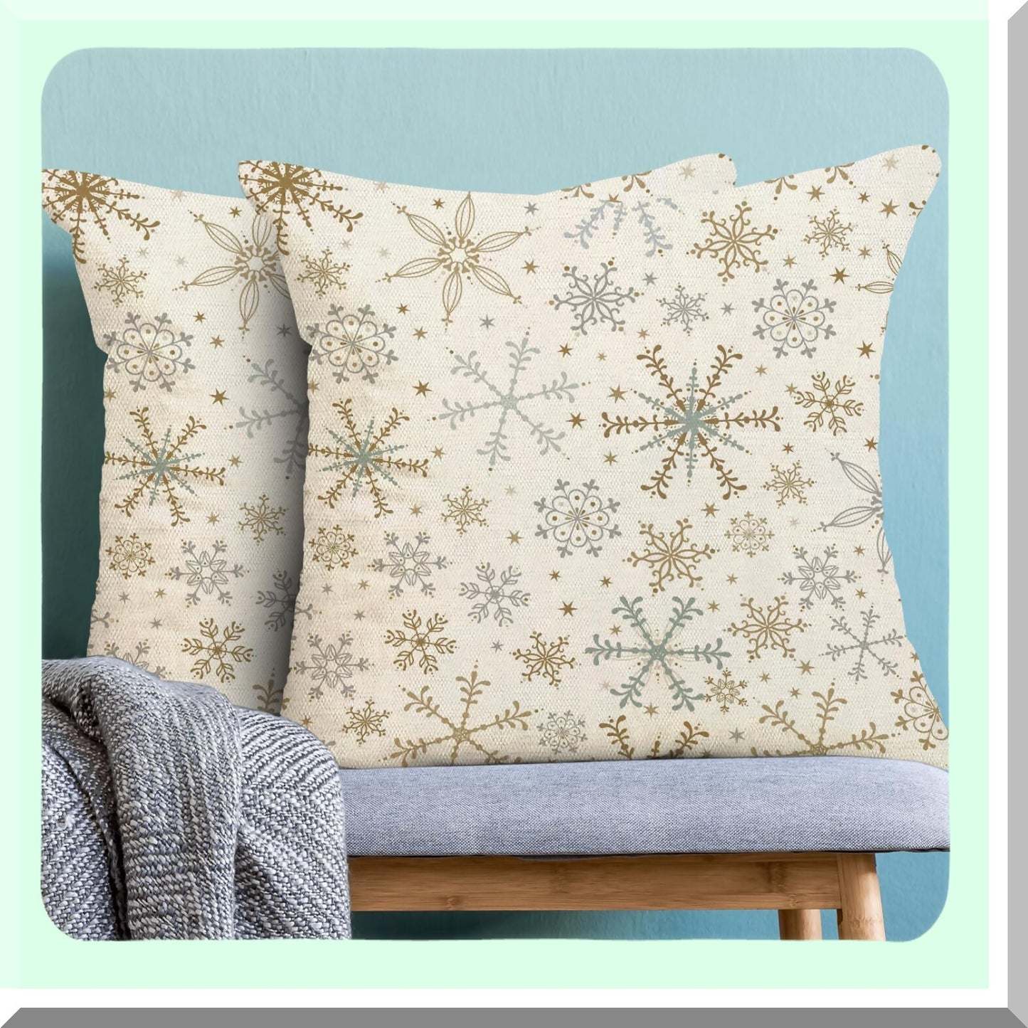 Snowflake Winter Pillow Covers Set - Gold Grey 18x18 Throw Pillows for Xmas Holiday Decorations, Linen Sofa Couch Outdoor Home Décor