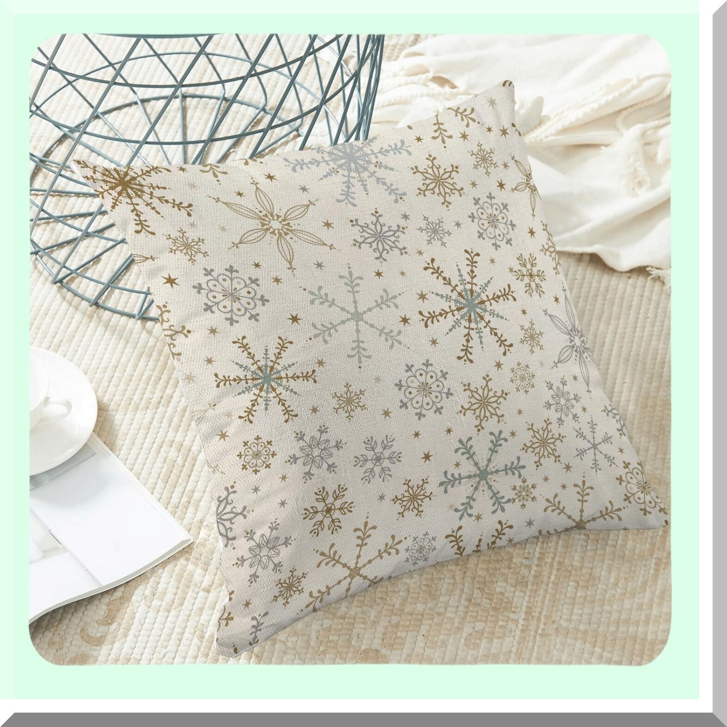 Snowflake Winter Pillow Covers Set - Gold Grey 18x18 Throw Pillows for Xmas Holiday Decorations, Linen Sofa Couch Outdoor Home Décor