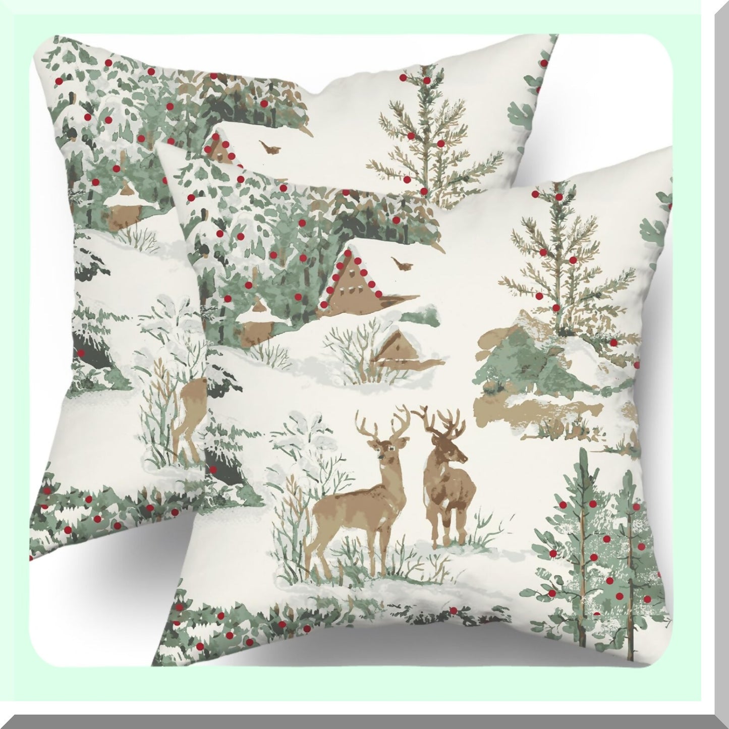Rustic Winter Forest Pillow Covers - Set of 2 Deer Tree Cabin Aqua Print Outdoor Pillowcases - Farmhouse Decorative Cushion Case for Couch Bed - 18x18 Throw Sofa Brown Theme