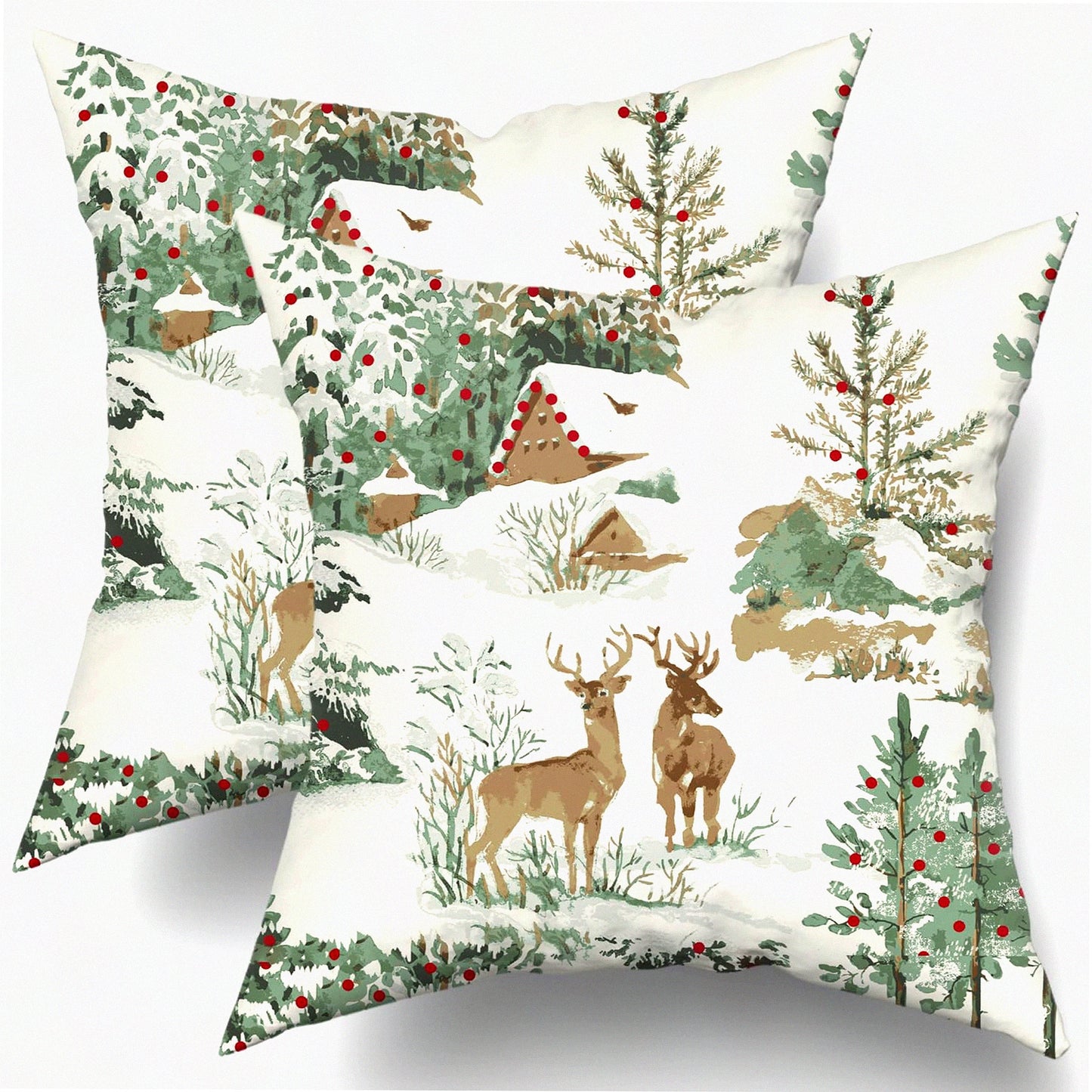 Rustic Winter Forest Pillow Covers - Set of 2 Deer Tree Cabin Aqua Print Outdoor Pillowcases - Farmhouse Decorative Cushion Case for Couch Bed - 18x18 Throw Sofa Brown Theme