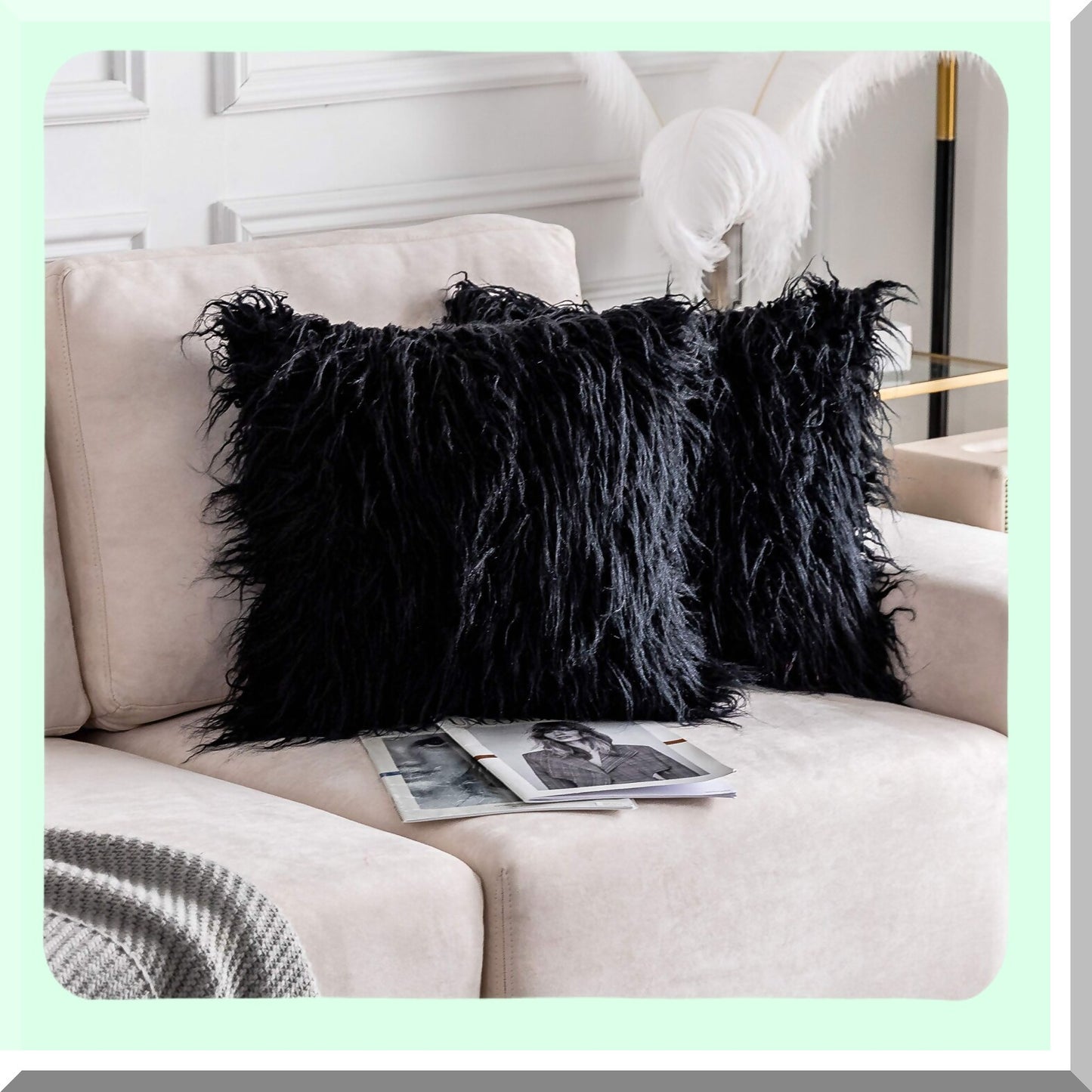 Shaggy Black Pillow Covers - 2 Pack 24x24 Decorative Euro Sham for Patio Garden - Soft Fuzzy Cushion Covers - 60cm Square Pillows
