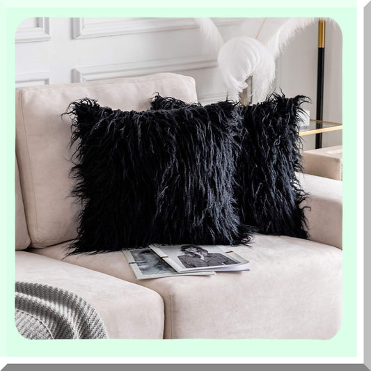 Shaggy Black Pillow Covers 24x24 for Euro Sham 2 Pack