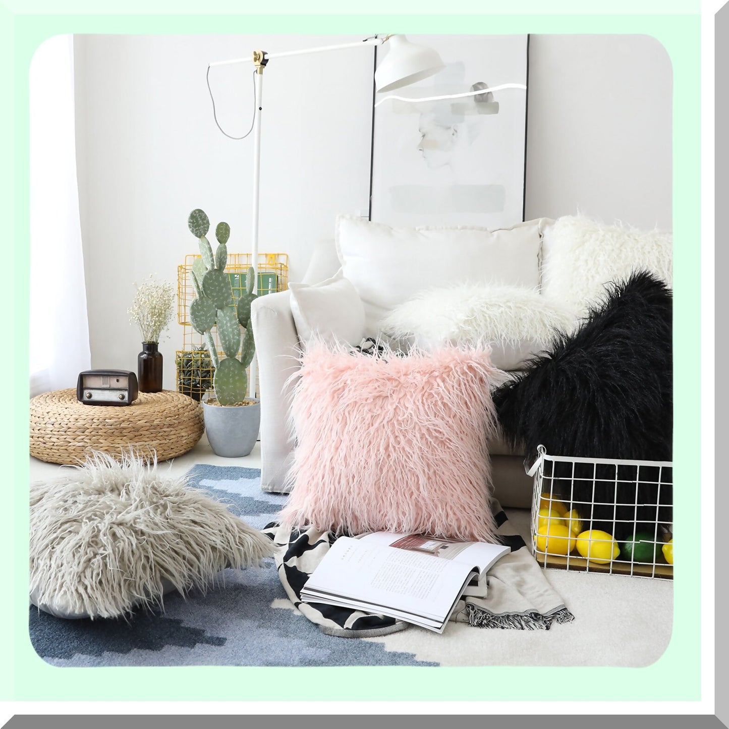 Shaggy Black Pillow Covers - 2 Pack 24x24 Decorative Euro Sham for Patio Garden - Soft Fuzzy Cushion Covers - 60cm Square Pillows