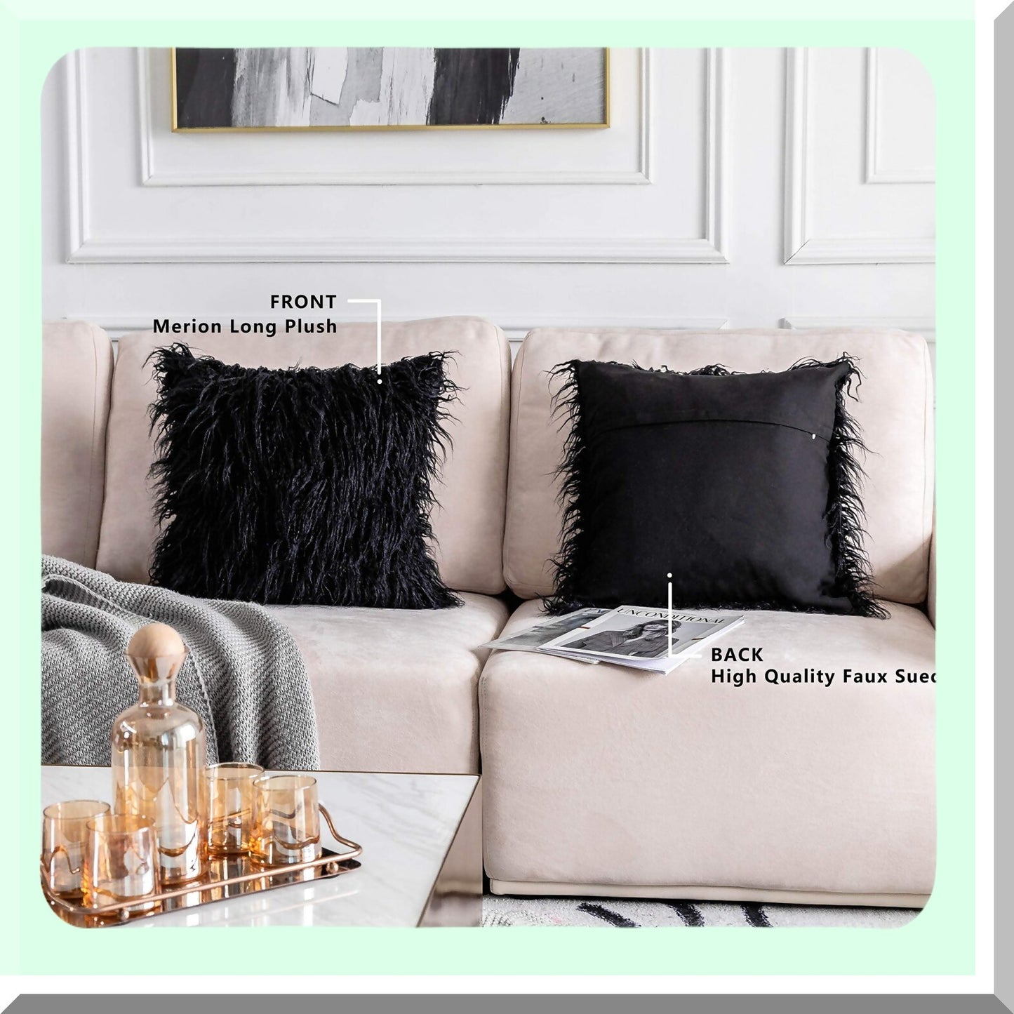 Shaggy Black Pillow Covers - 2 Pack 24x24 Decorative Euro Sham for Patio Garden - Soft Fuzzy Cushion Covers - 60cm Square Pillows