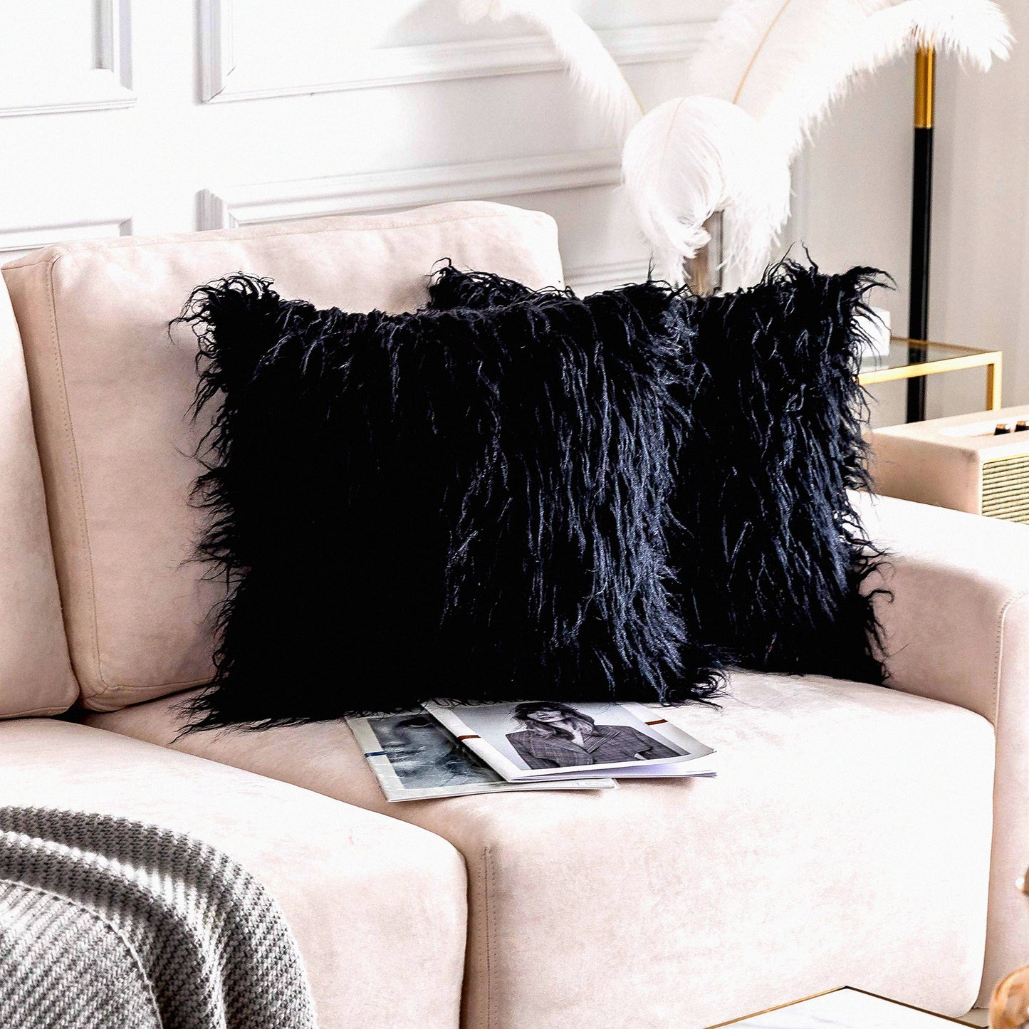 Shaggy Black Pillow Covers - 2 Pack 24x24 Decorative Euro Sham for Patio Garden - Soft Fuzzy Cushion Covers - 60cm Square Pillows