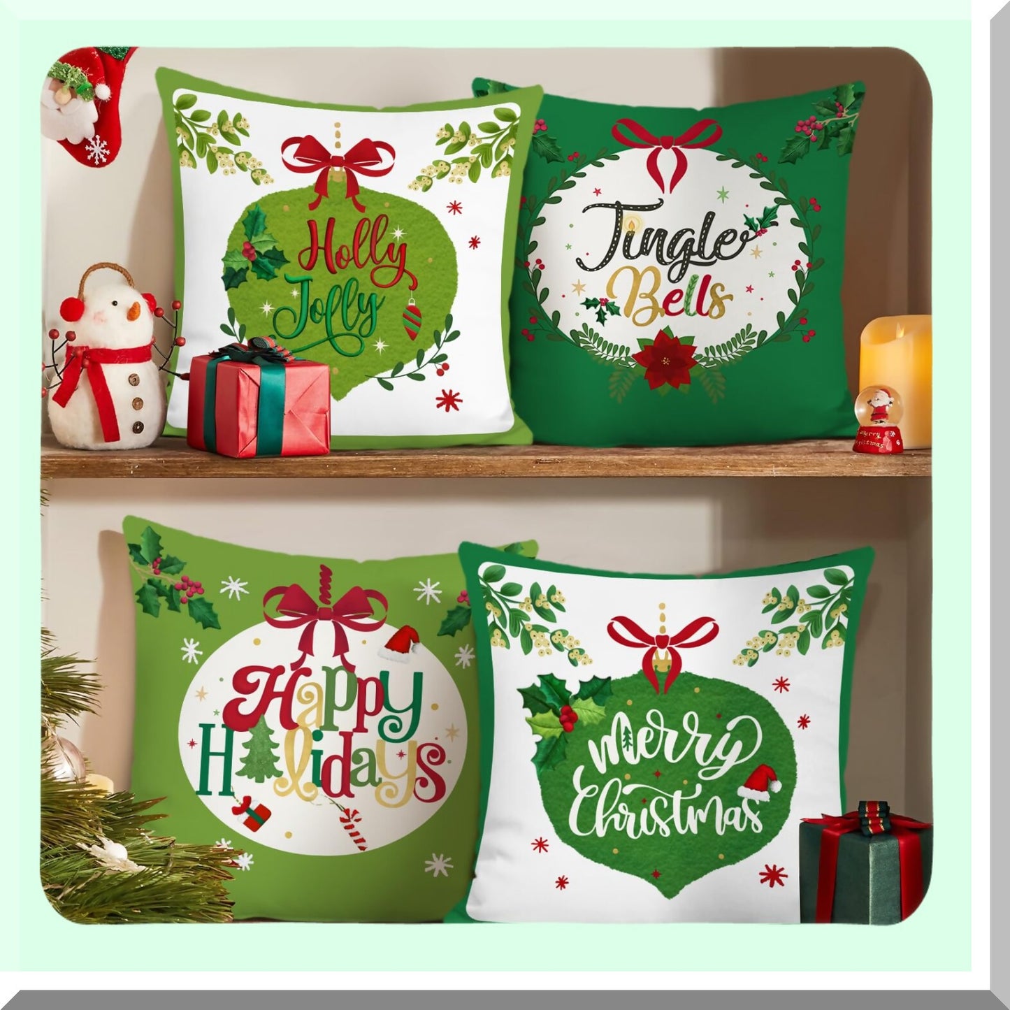 Holly Jolly Green Holiday Pillow Covers - Set of 4 Decorative Sofa Bed Cushion Cases 18x18 Inch - Merry Home Decor for Couch