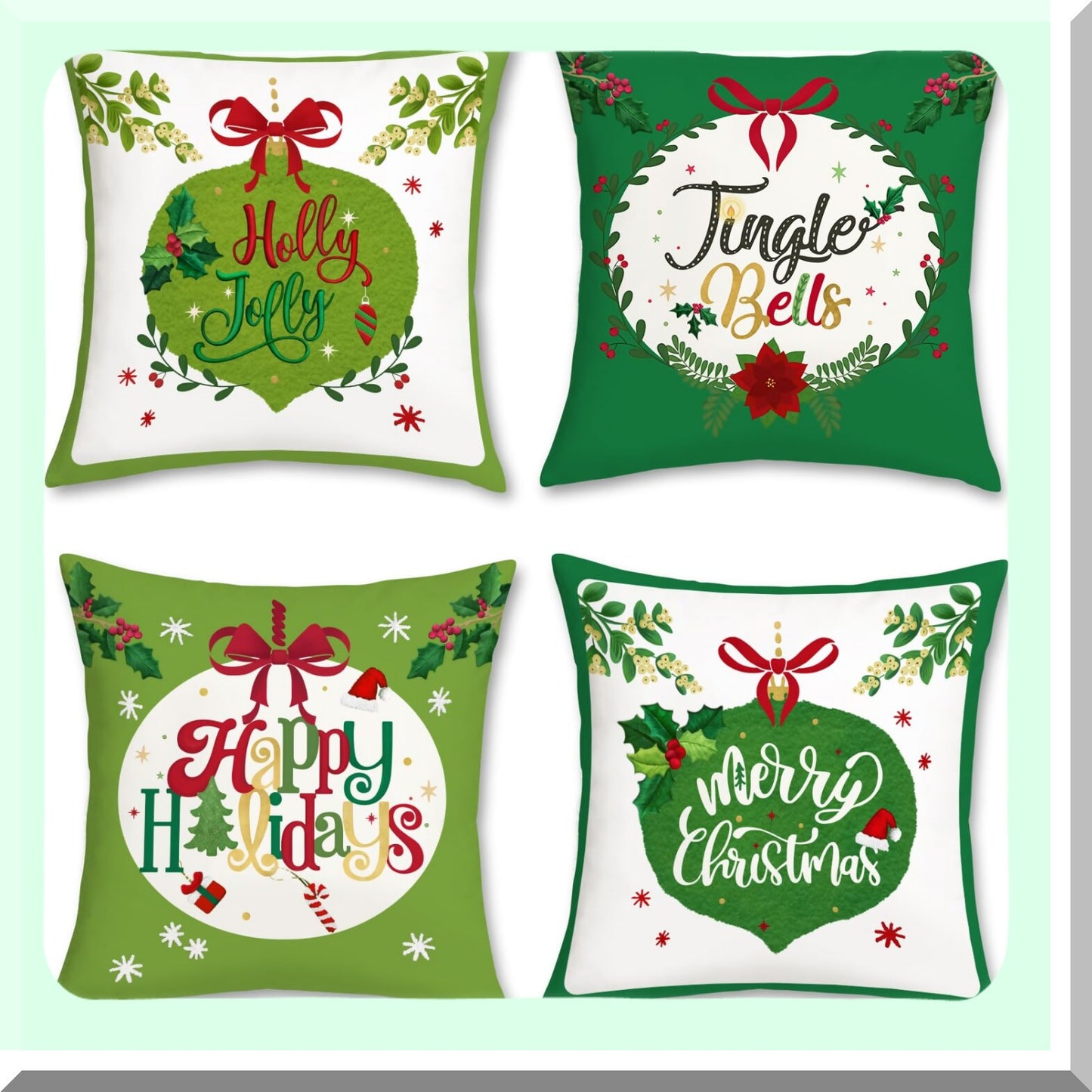 Holly Jolly Green Holiday Pillow Covers - Set of 4 Decorative Sofa Bed Cushion Cases 18x18 Inch - Merry Home Decor for Couch