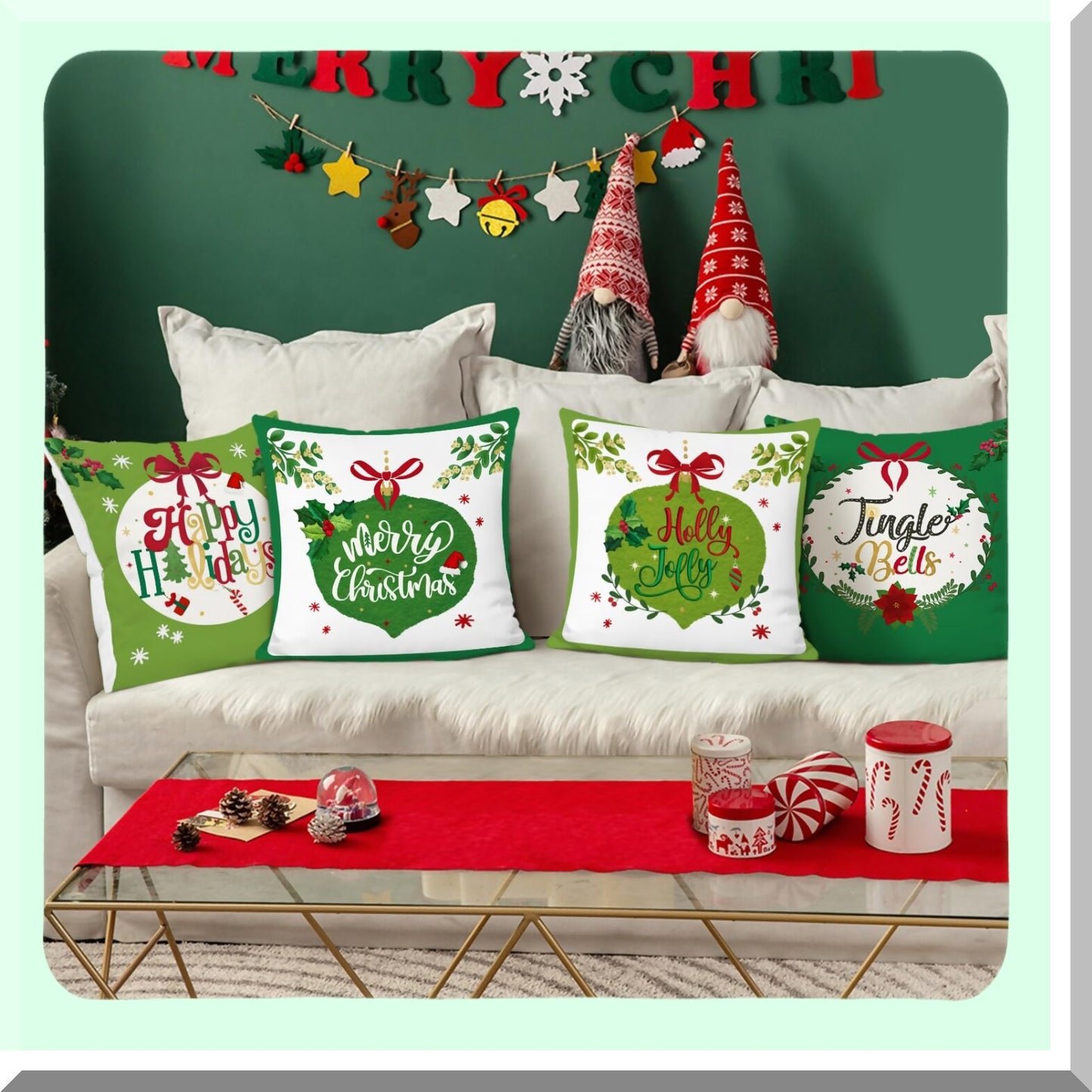 Holly Jolly Green Holiday Pillow Covers - Set of 4 Decorative Sofa Bed Cushion Cases 18x18 Inch - Merry Home Decor for Couch