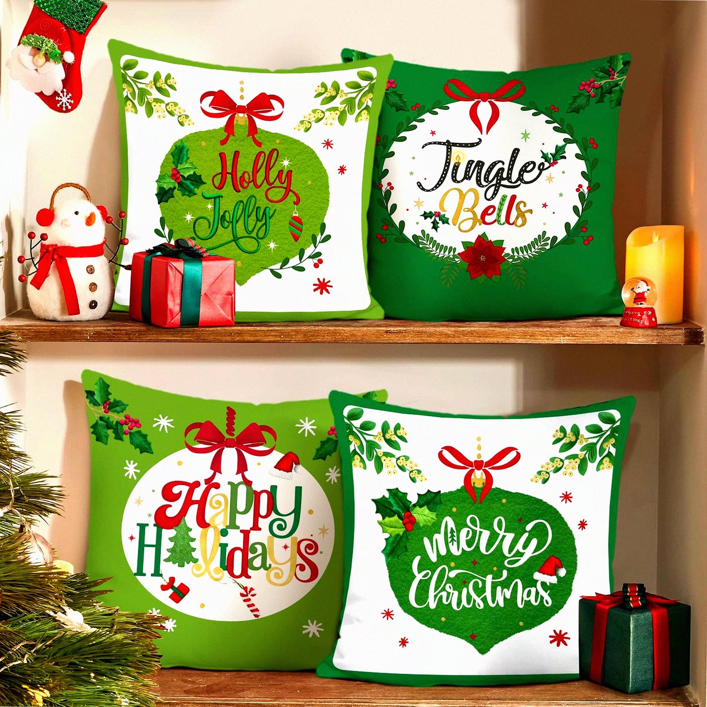 Holly Jolly Green Holiday Pillow Covers - Set of 4 Decorative Sofa Bed Cushion Cases 18x18 Inch - Merry Home Decor for Couch