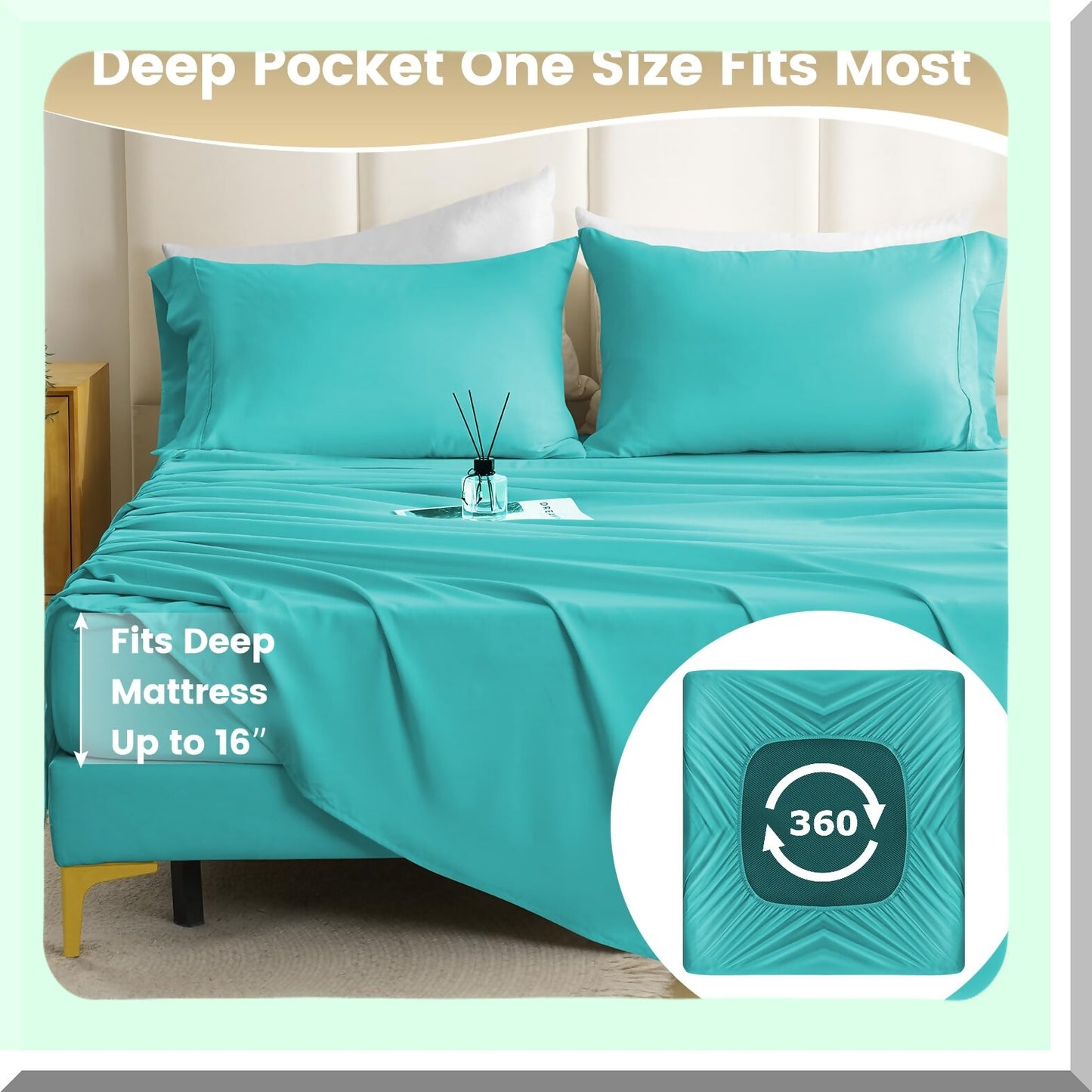 Cooling Comfort Queen Sheet Set - Silky Soft Luxury 4 Piece Bedding Set for Queen Size Bed, Breathable & Wrinkle Free, Turquoise - 16" Deep Pocket
