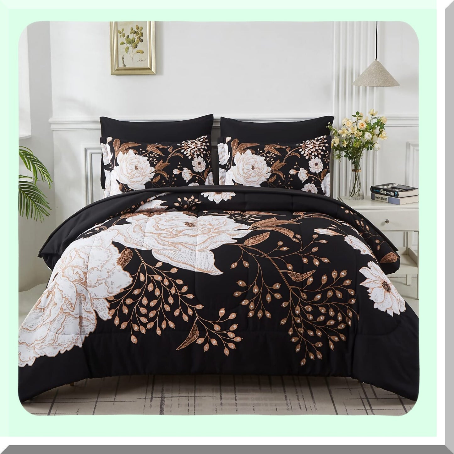 Botanical Bliss 7-Piece Comforter Set - Floral Bedding with White Flower Leaves Print on Black Reversible Design - Soft Microfiber Sheets - All Season Bed in a Bag