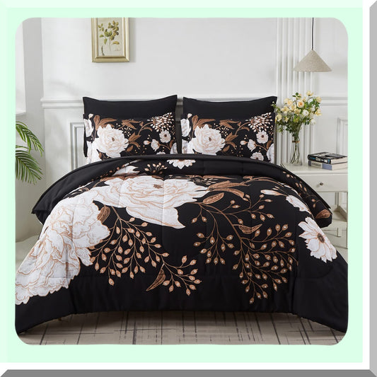 Botanical Bliss 7-Piece Comforter Set - Floral Bedding with White Flower Leaves Print on Black Reversible Design - Soft Microfiber Sheets - All Season Bed in a Bag