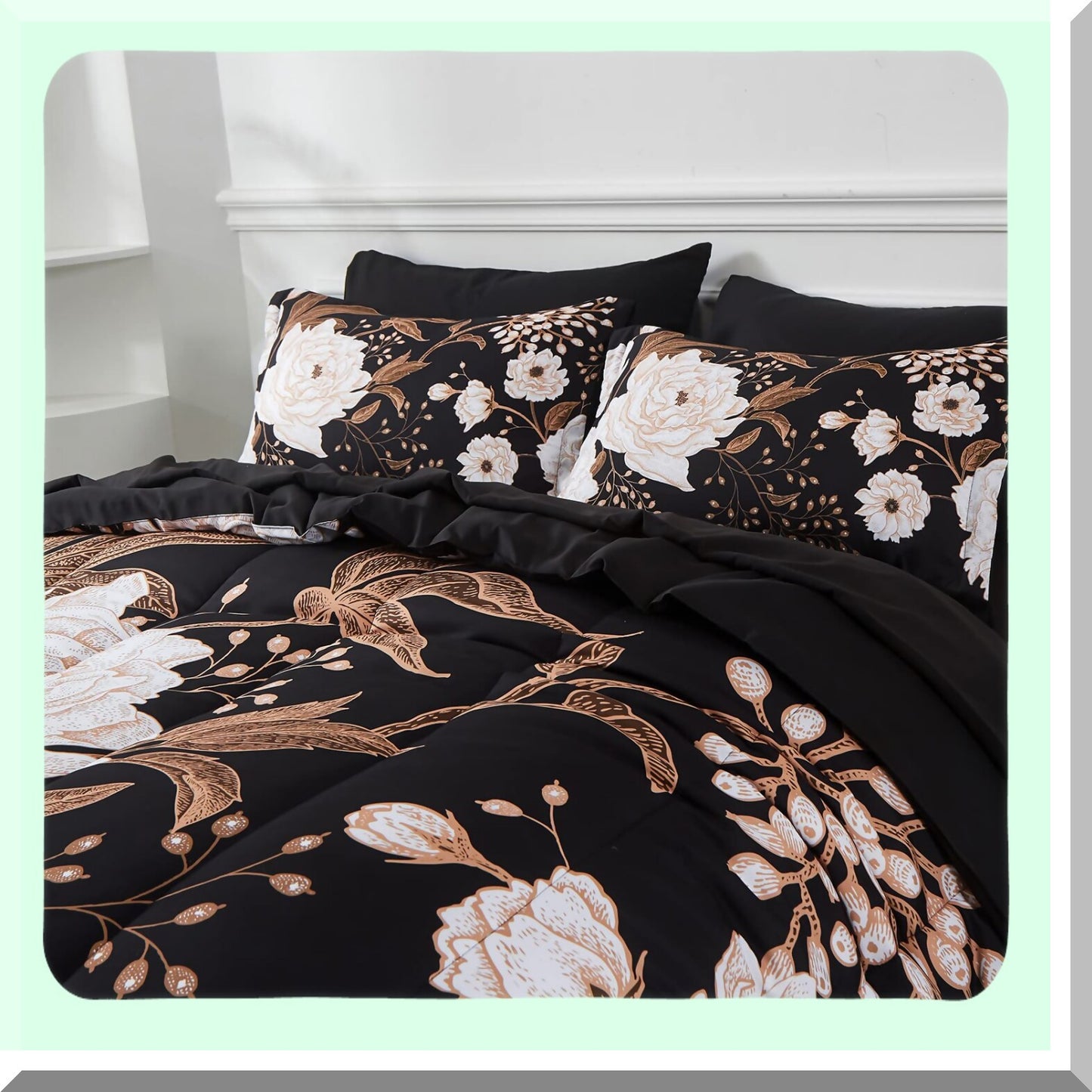 Botanical Bliss 7-Piece Comforter Set - Floral Bedding with White Flower Leaves Print on Black Reversible Design - Soft Microfiber Sheets - All Season Bed in a Bag