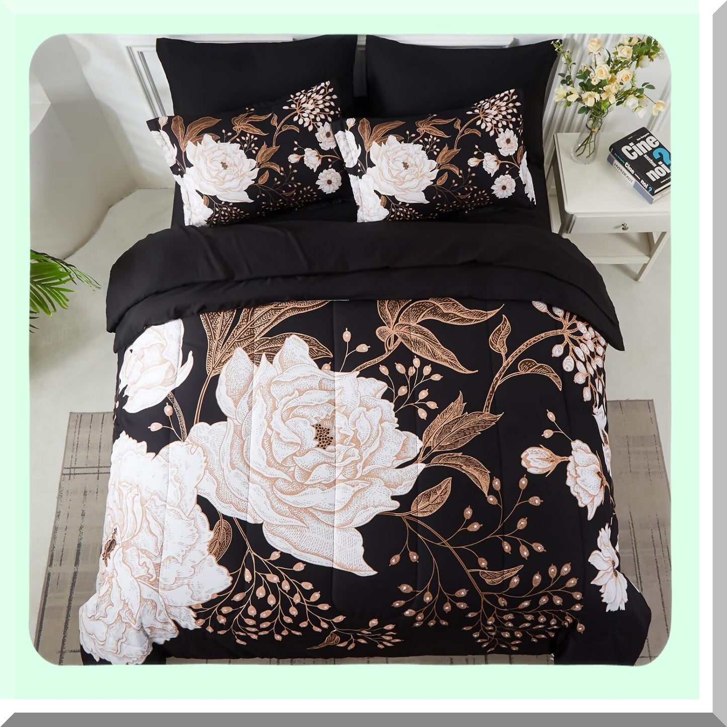 Botanical Bliss 7-Piece Comforter Set - Floral Bedding with White Flower Leaves Print on Black Reversible Design - Soft Microfiber Sheets - All Season Bed in a Bag