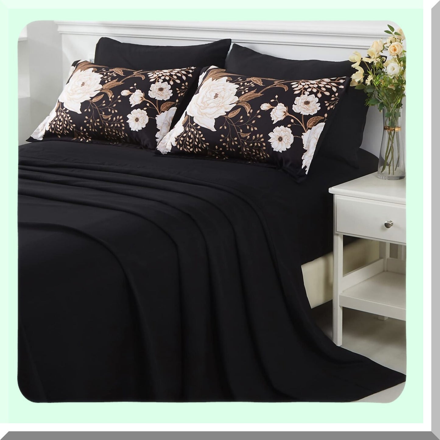 Botanical Bliss 7-Piece Comforter Set - Floral Bedding with White Flower Leaves Print on Black Reversible Design - Soft Microfiber Sheets - All Season Bed in a Bag