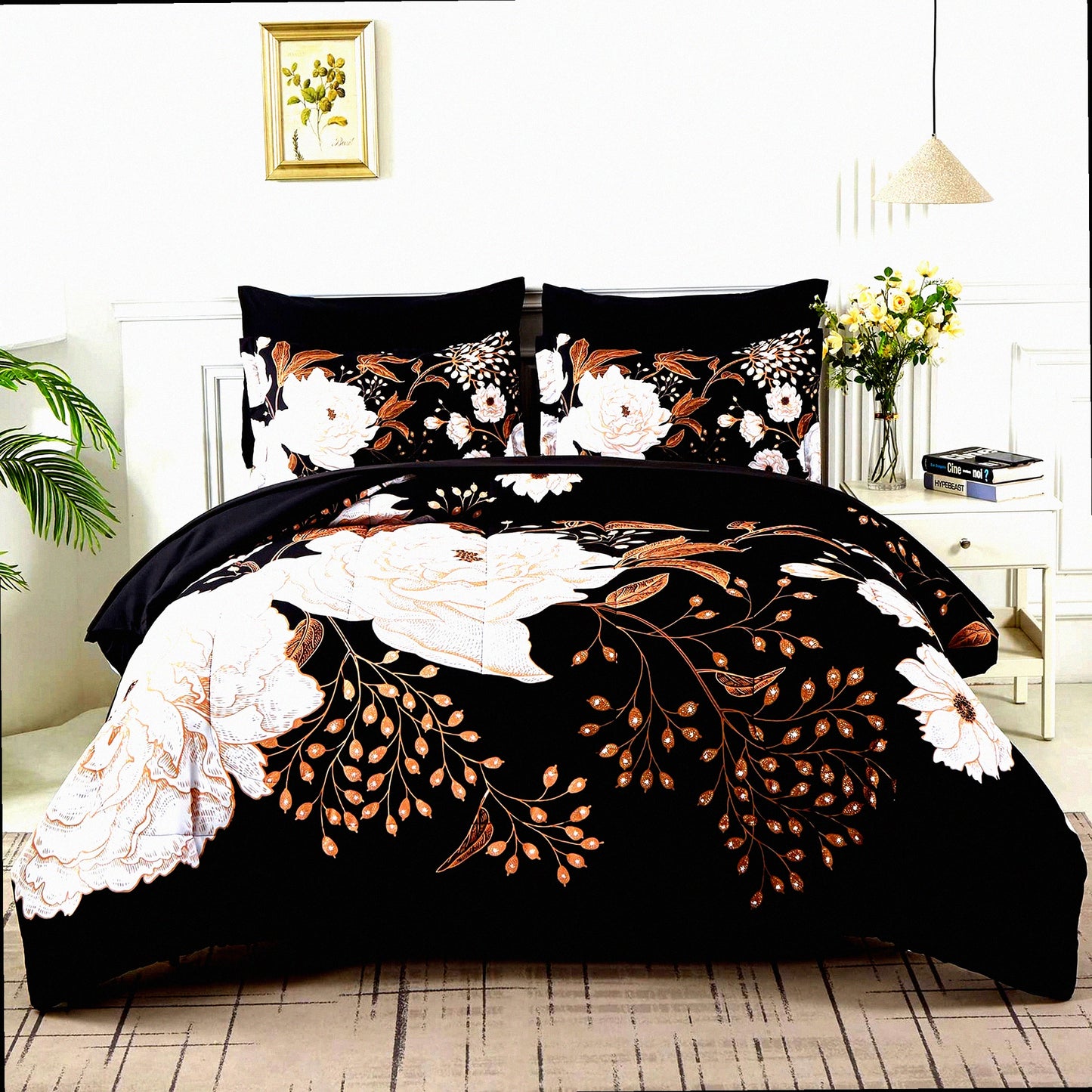 Botanical Bliss 7-Piece Comforter Set - Floral Bedding with White Flower Leaves Print on Black Reversible Design - Soft Microfiber Sheets - All Season Bed in a Bag