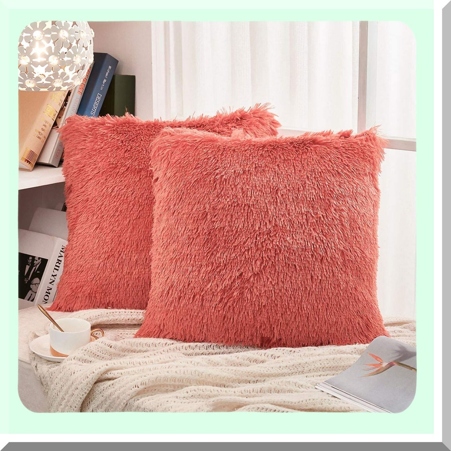 Fluffy Velvet Shaggy Cushion Set - Coral Orange Decorative Pillowcase for Couch, 18"X18" - Plush Throw Pillow Cover - Long Sd Design