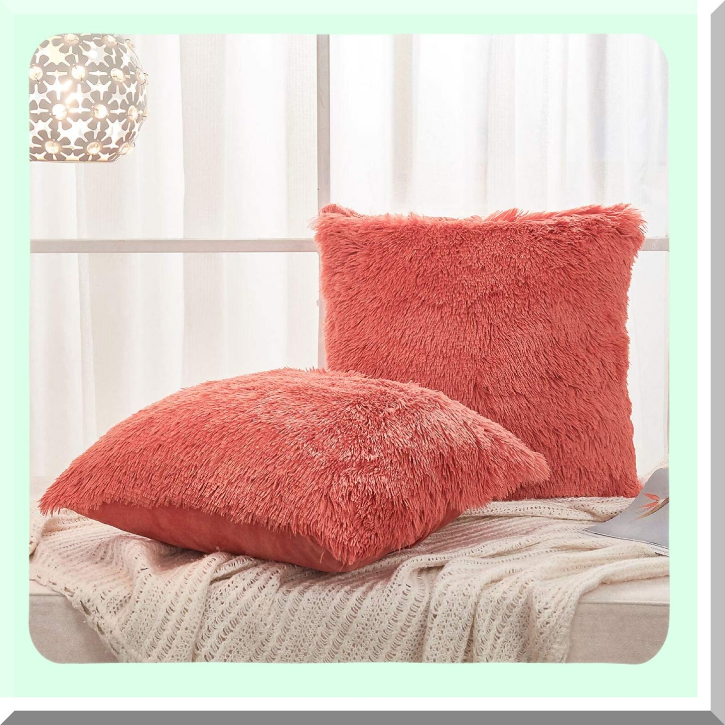 Fluffy Velvet Shaggy Cushion Set - Coral Orange Decorative Pillowcase for Couch, 18"X18" - Plush Throw Pillow Cover - Long Sd Design