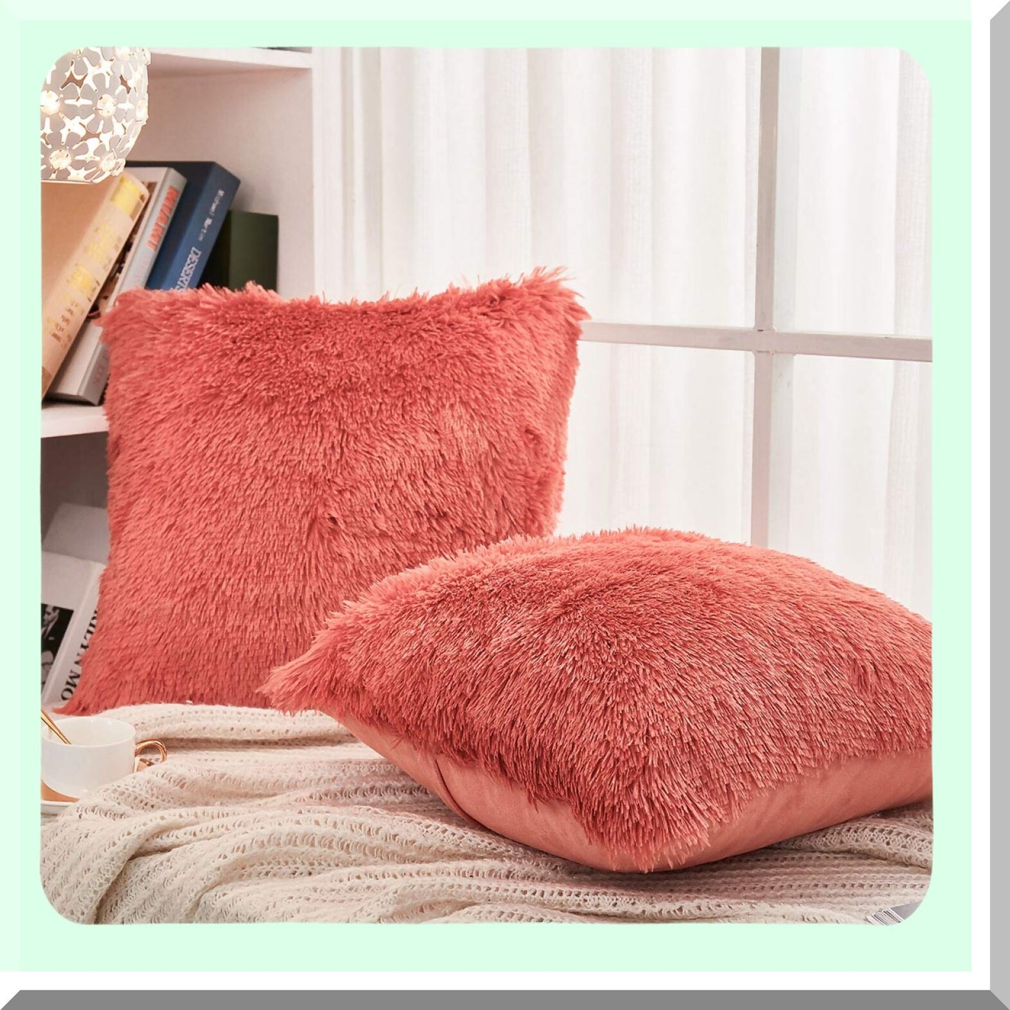 Fluffy Velvet Shaggy Cushion Set - Coral Orange Decorative Pillowcase for Couch, 18"X18" - Plush Throw Pillow Cover - Long Sd Design