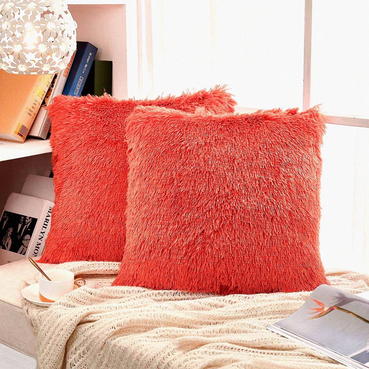Fluffy Velvet Shaggy Cushion Set - Coral Orange Decorative Pillowcase for Couch, 18"X18" - Plush Throw Pillow Cover - Long Sd Design