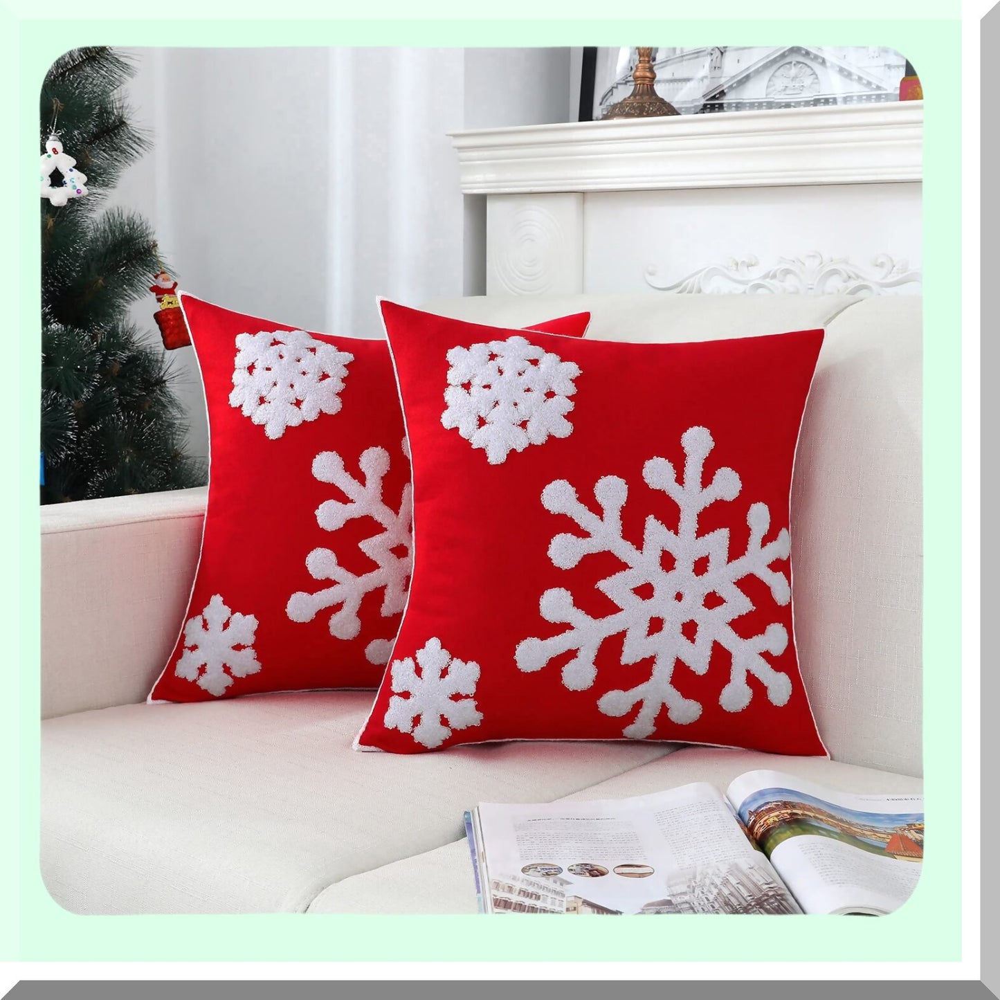 Snowflake Red Winter Square Pillow Covers - Pack of 2 - Soft Thick Durable Accent Cushion Cases - 18 x 18 Inch - Decorative Sofa Pillows
