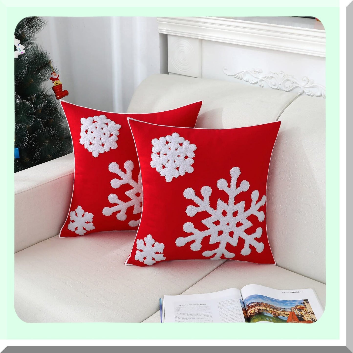 Snowflake Red Winter Square Pillow Covers - Pack of 2 - Soft Thick Durable Accent Cushion Cases - 18 x 18 Inch - Decorative Sofa Pillows