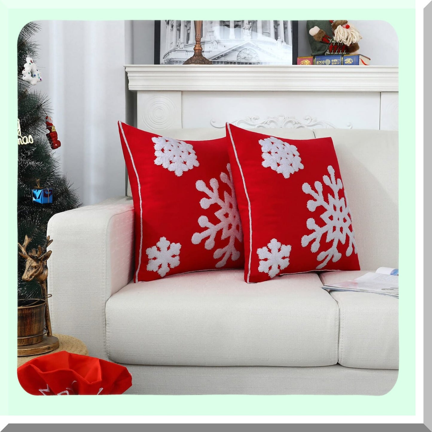 Snowflake Red Winter Square Pillow Covers - Pack of 2 - Soft Thick Durable Accent Cushion Cases - 18 x 18 Inch - Decorative Sofa Pillows