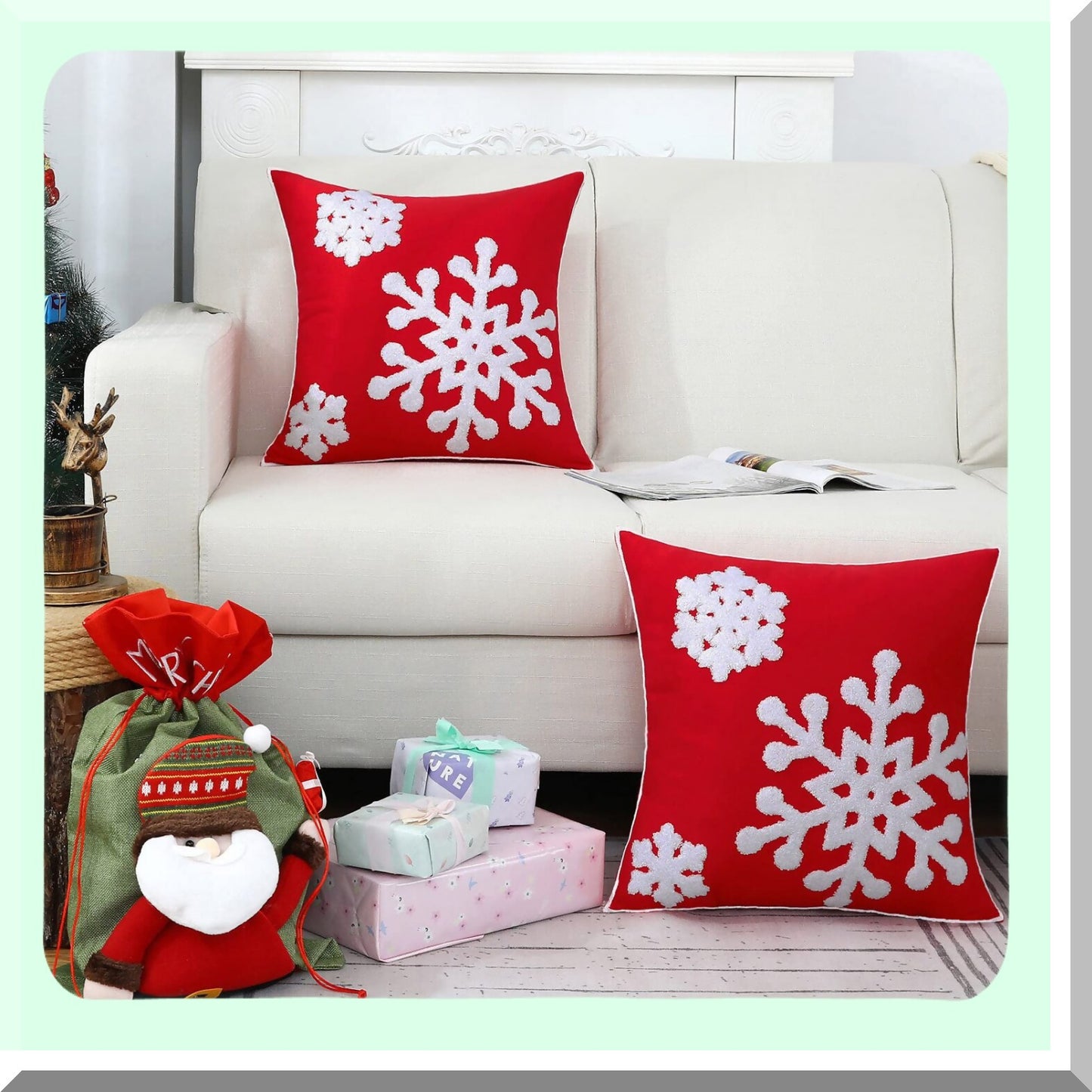 Snowflake Red Winter Square Pillow Covers - Pack of 2 - Soft Thick Durable Accent Cushion Cases - 18 x 18 Inch - Decorative Sofa Pillows