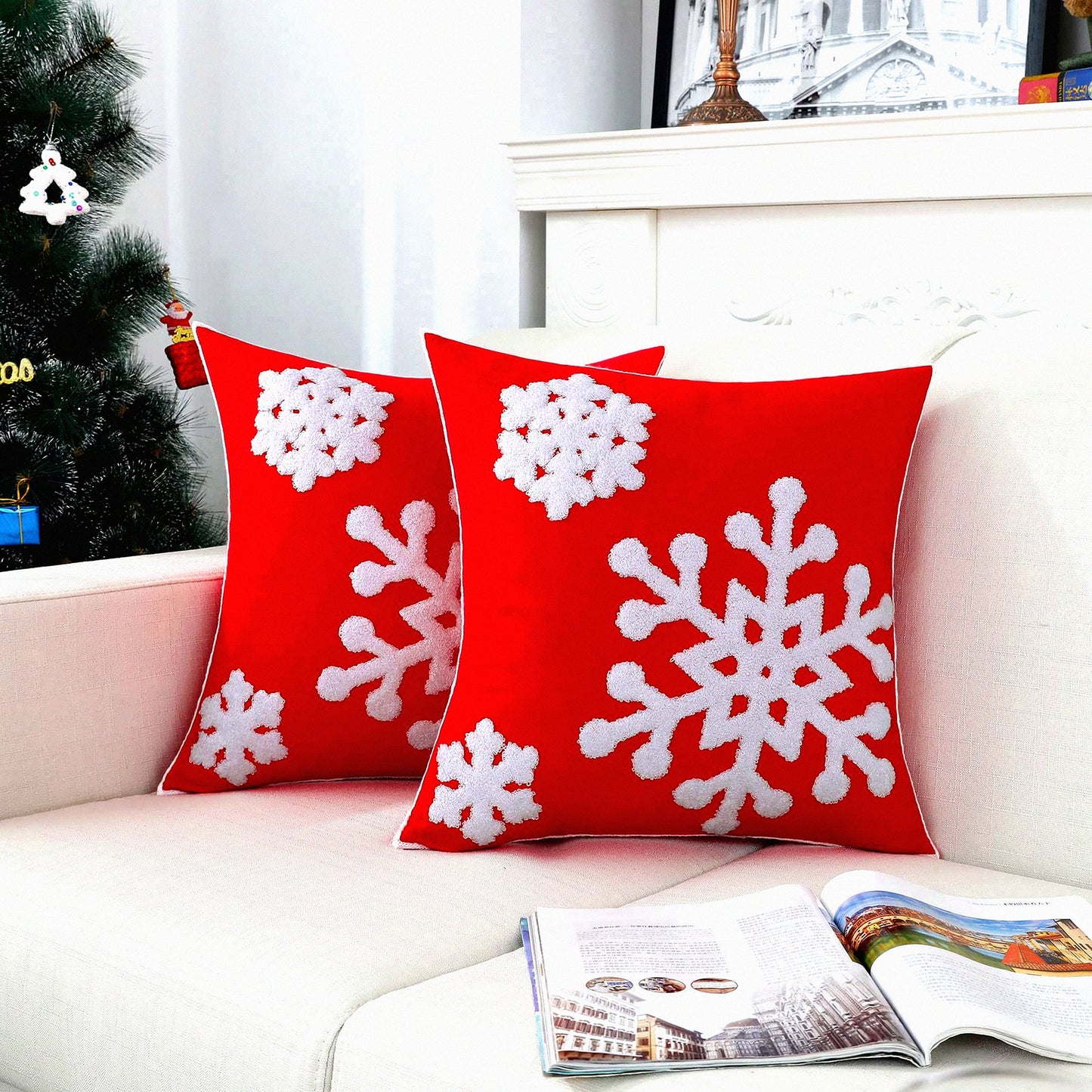 Snowflake Red Winter Square Pillow Covers - Pack of 2 - Soft Thick Durable Accent Cushion Cases - 18 x 18 Inch - Decorative Sofa Pillows