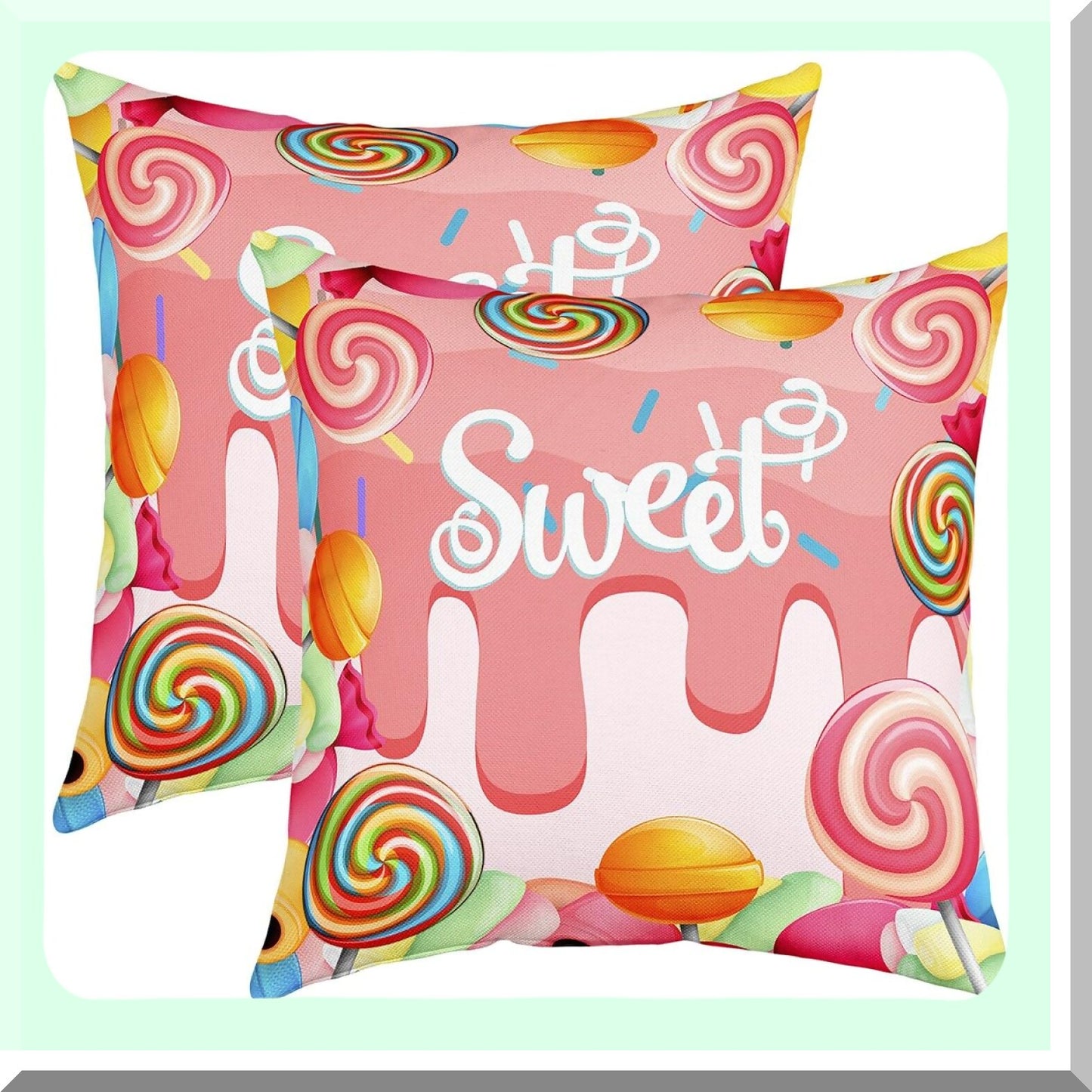 Watercolor Lollipop Candy Party Pillow Covers - Set of 2 | Kids Sweet Decorative Square Throw Cushion Cases for Living Room & RV - Girly Pink Candies Cartoon Theme - 18x18