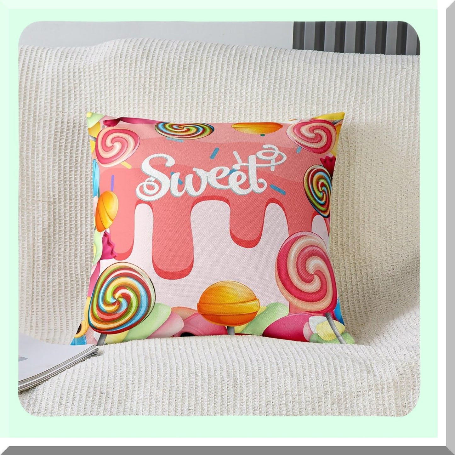 Watercolor Lollipop Candy Party Pillow Covers - Set of 2 | Kids Sweet Decorative Square Throw Cushion Cases for Living Room & RV - Girly Pink Candies Cartoon Theme - 18x18