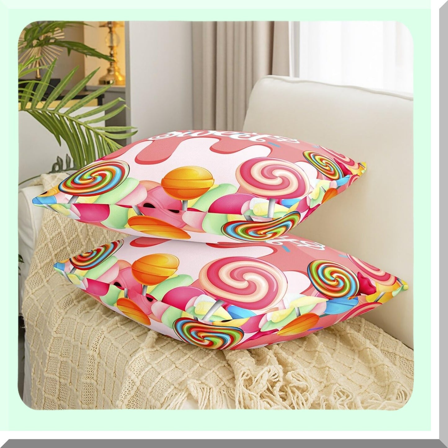 Watercolor Lollipop Candy Party Pillow Covers - Set of 2 | Kids Sweet Decorative Square Throw Cushion Cases for Living Room & RV - Girly Pink Candies Cartoon Theme - 18x18