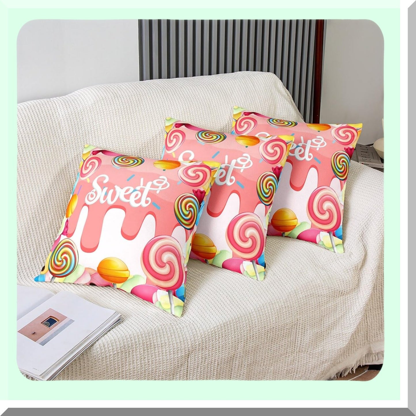Watercolor Lollipop Candy Party Pillow Covers - Set of 2 | Kids Sweet Decorative Square Throw Cushion Cases for Living Room & RV - Girly Pink Candies Cartoon Theme - 18x18