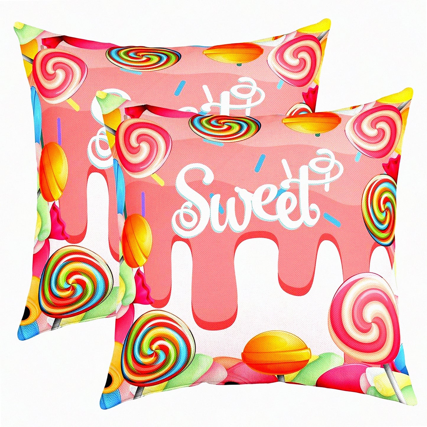 Watercolor Lollipop Candy Party Pillow Covers - Set of 2 | Kids Sweet Decorative Square Throw Cushion Cases for Living Room & RV - Girly Pink Candies Cartoon Theme - 18x18