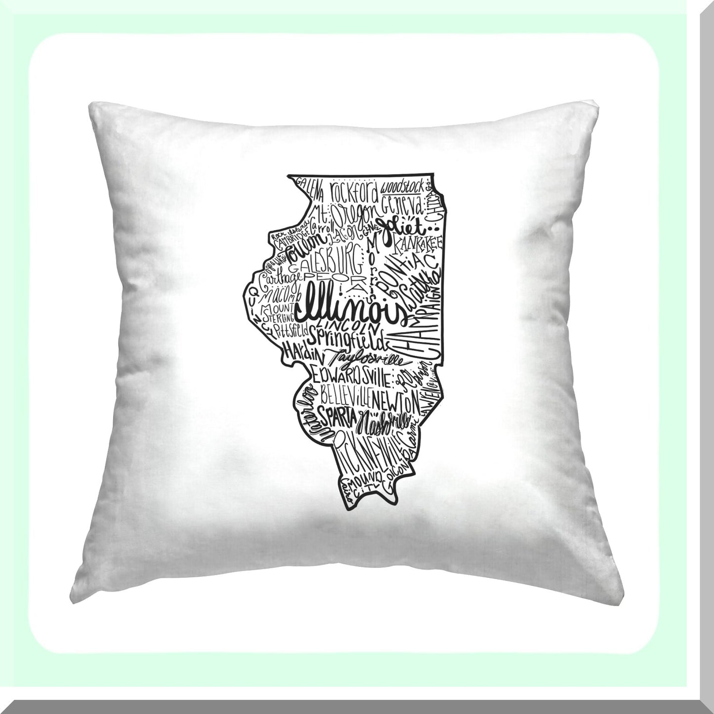 Illinois Cities Map Throw Pillow - Vintage Typography Design - 18x18 Black - Saturday Evening Post Inspired - Home Decor Accent - USA State Art