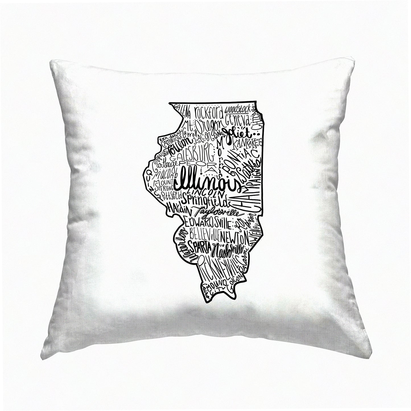 Illinois Cities Map Throw Pillow - Vintage Typography Design - 18x18 Black - Saturday Evening Post Inspired - Home Decor Accent - USA State Art